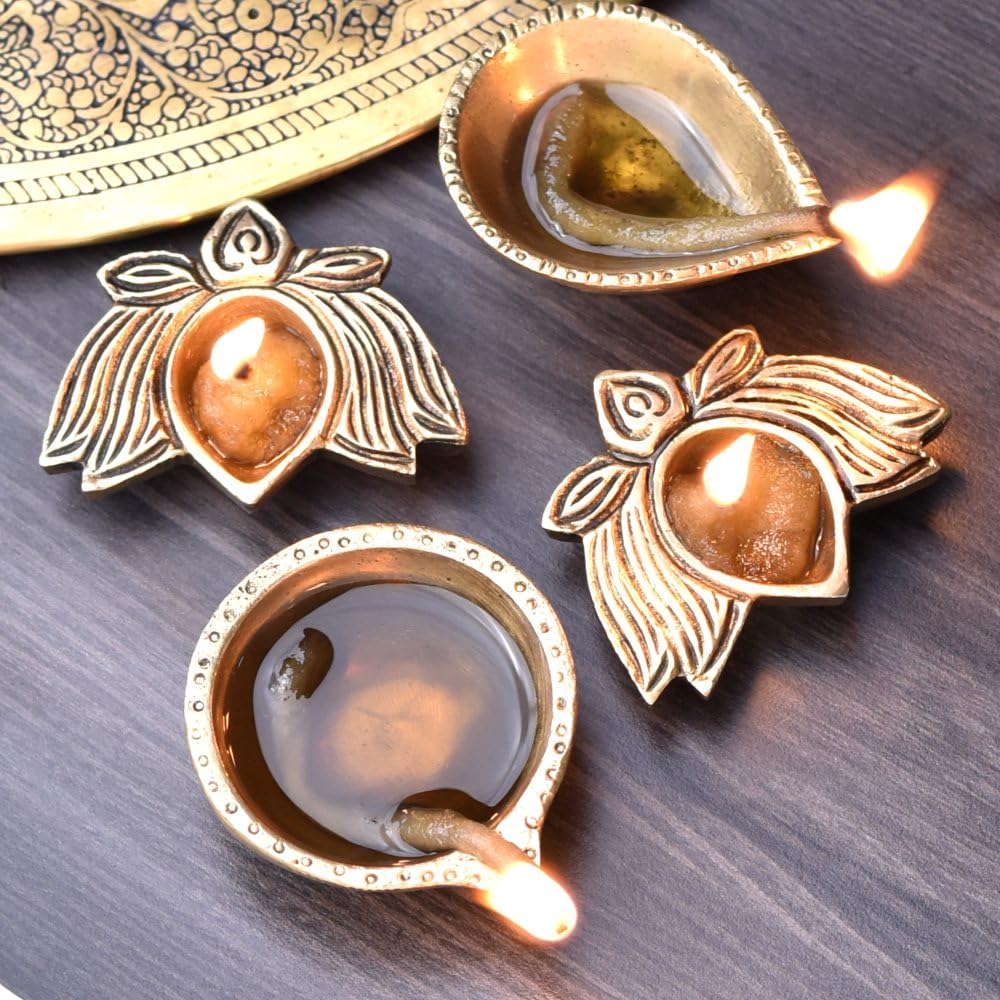 IndianShelf 4 Pieces Brass Diya for Diwali Decoration Golden Oil Lamp Vilakku for Puja Pooja Deepak Aesthetic Decors