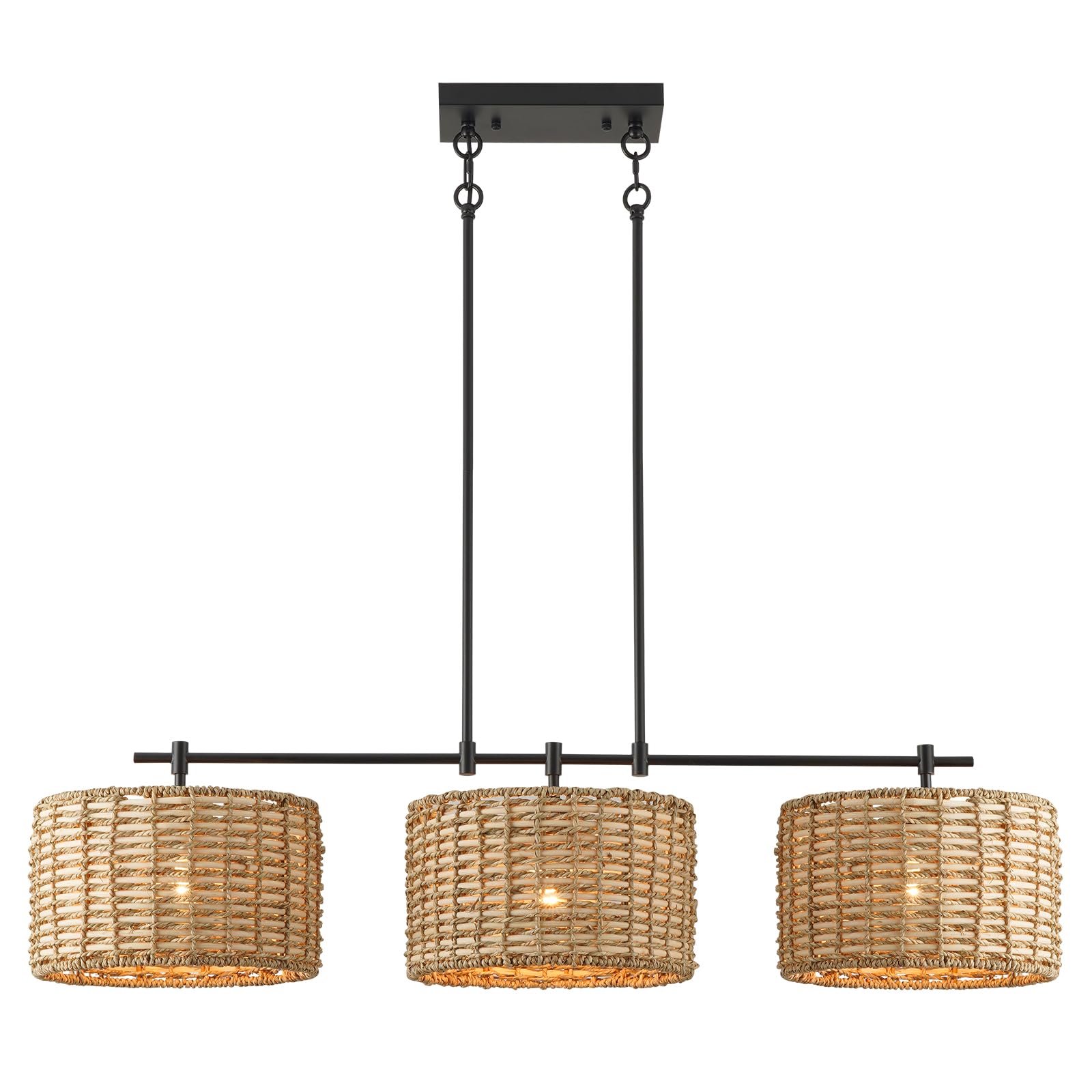 HLMRCHEN 41'' Chandelier Woven Rattan Light Fixture with 3 Wicker Lampshades, Large Linear Boho Chandeliers Drum Pendant Lights 