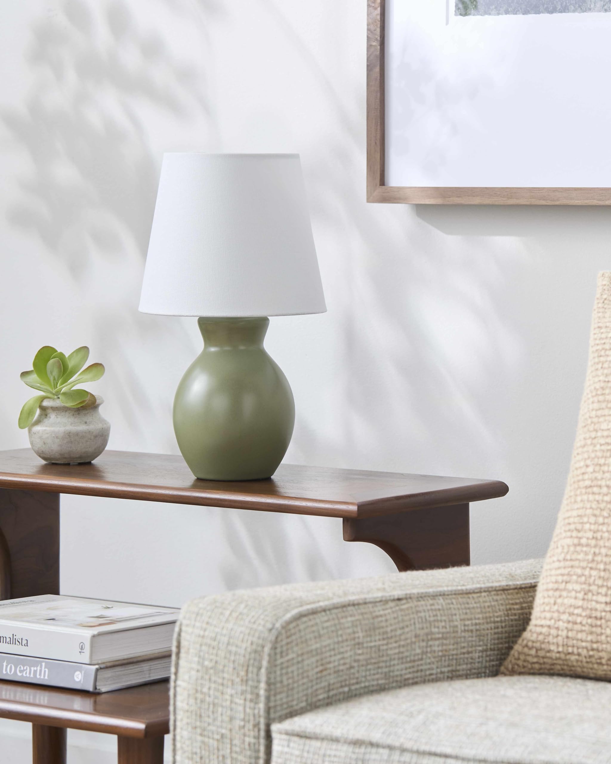 BoutiqueRugs Ceramic Bedside Table Lamp, 15inH, Green/White, Shade Cotton, Model SPXZVB5, Boho Style for Bedroom and Living Room
