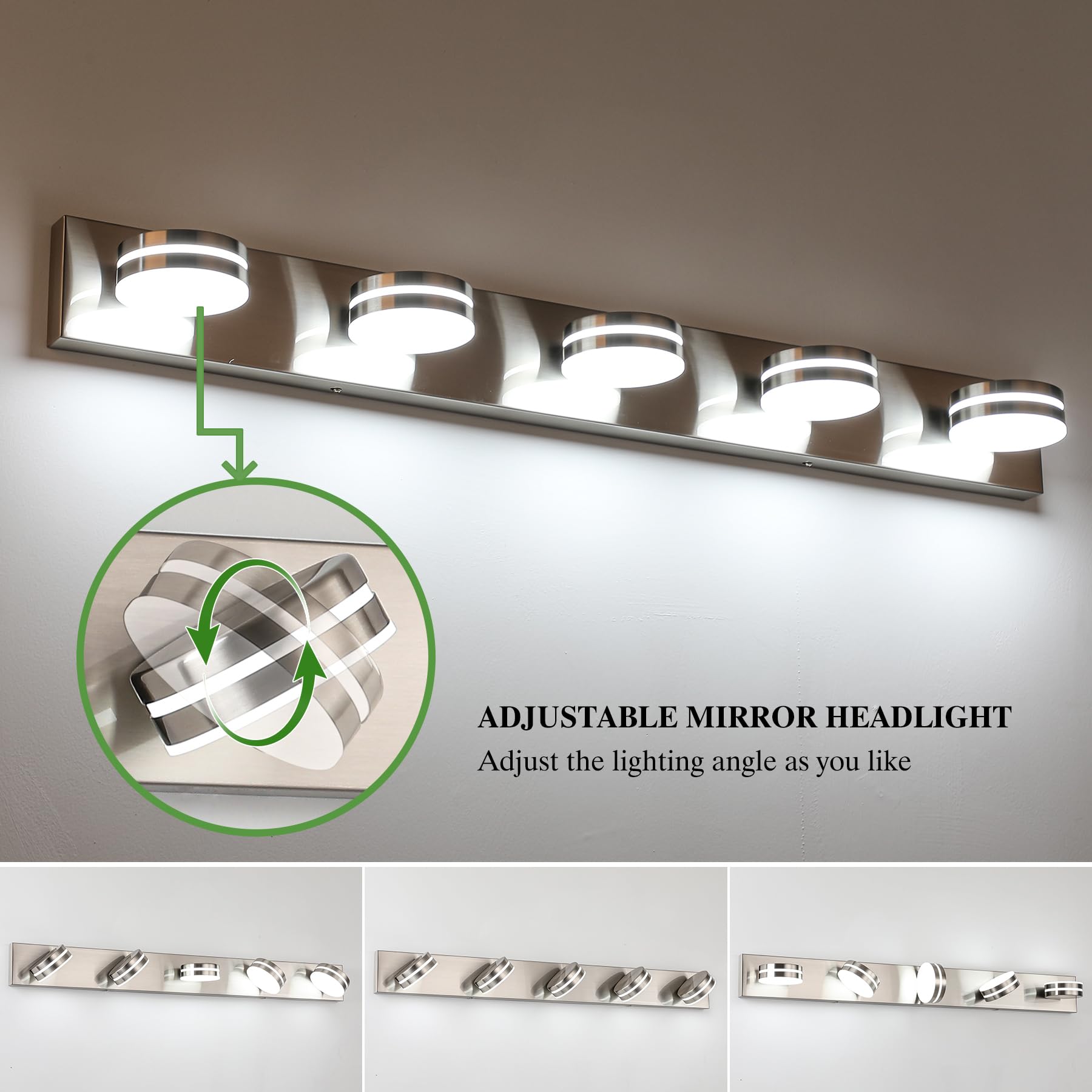 Bicrink Brushed Nickel Bathroom Light Fixtures Over Mirror  5-Light Bathroom Vanity Light  Led Dimmable Bath Lights  Modern Wall Mounted Lighting Fixture With Rotating Lamp Head