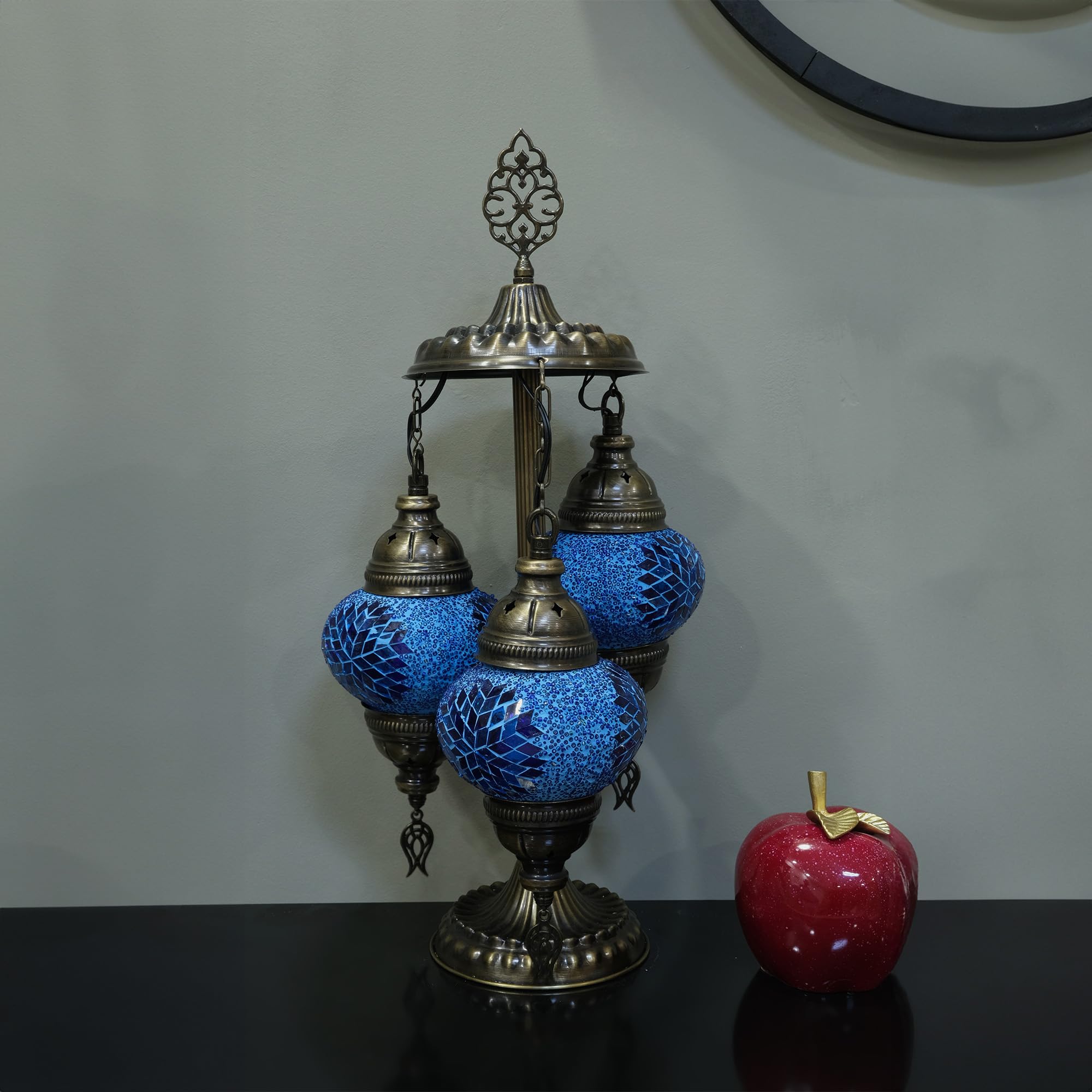 Asylove Turkish Mosaic Table Lamp, 3 Globe, 12x12x24 inch, Glass, Daisy Blue, Model 3GlobeAPNo2