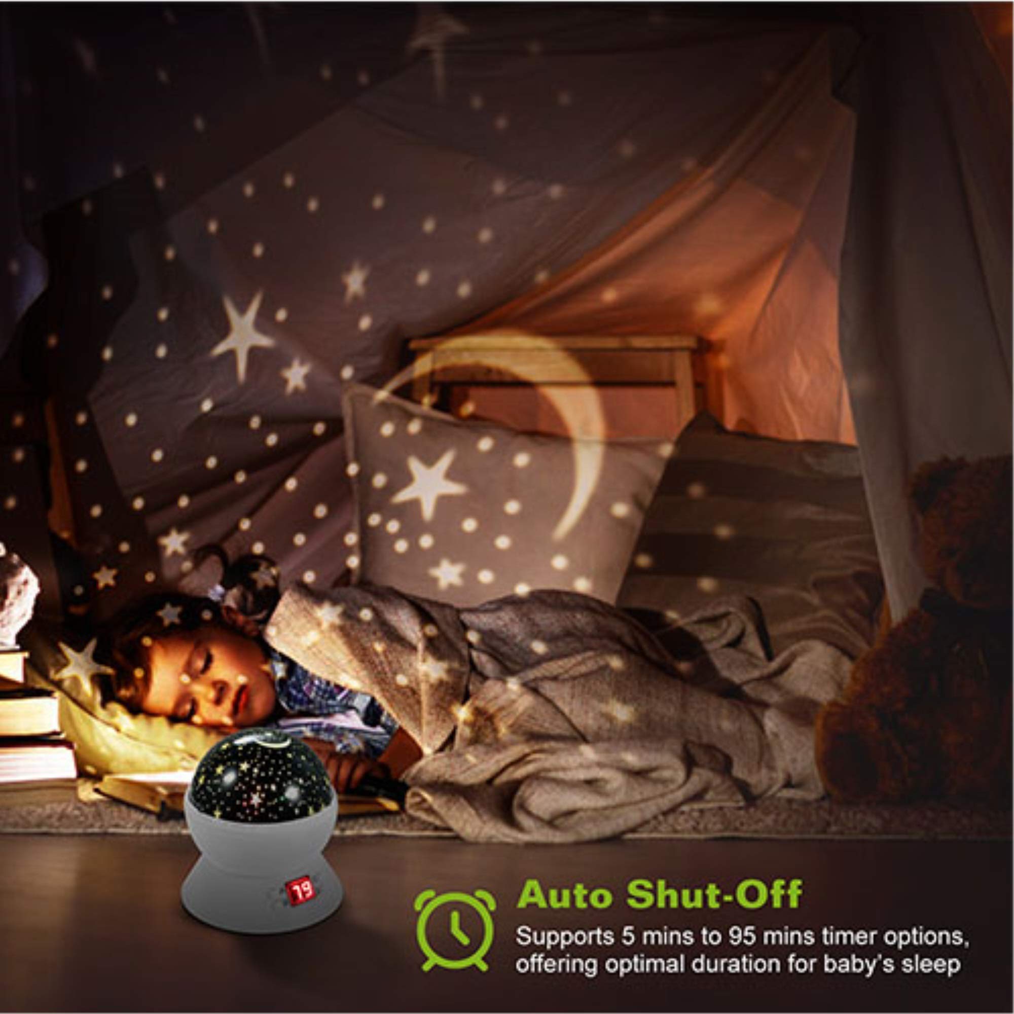 Kocaso Led Projector Lamp - Kids Night Light With Star & Moon Projection, 360° Rotation, Timer