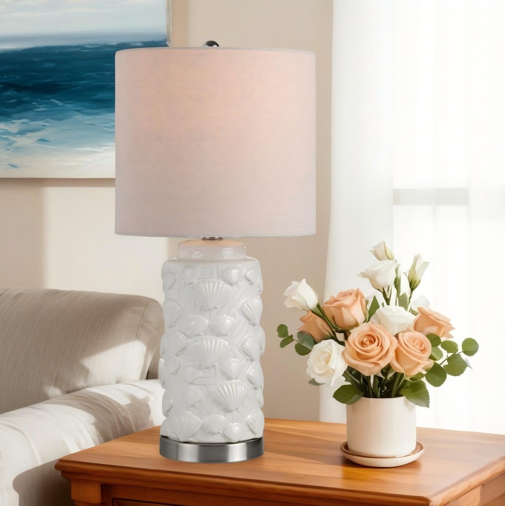 Crestview Collection Ceramic Coastal Table Lamp, 23 White Seashell Lamp with Linen Shade, Ocean and Nautical Home Decor for Nigh