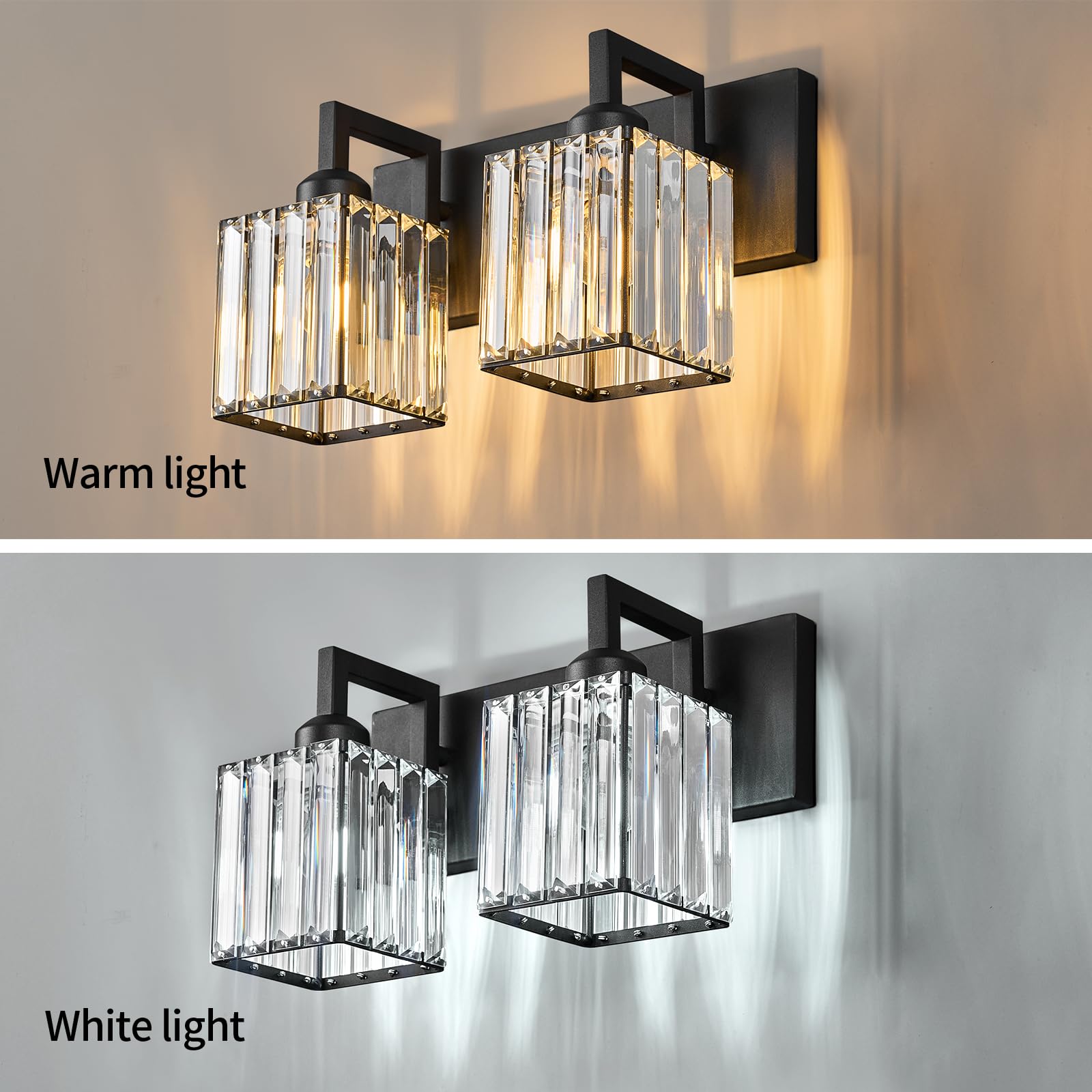FDPBY Modern Crystal Bathroom Vanity Light 2-Light Metal Wall Lamp Black JW-003