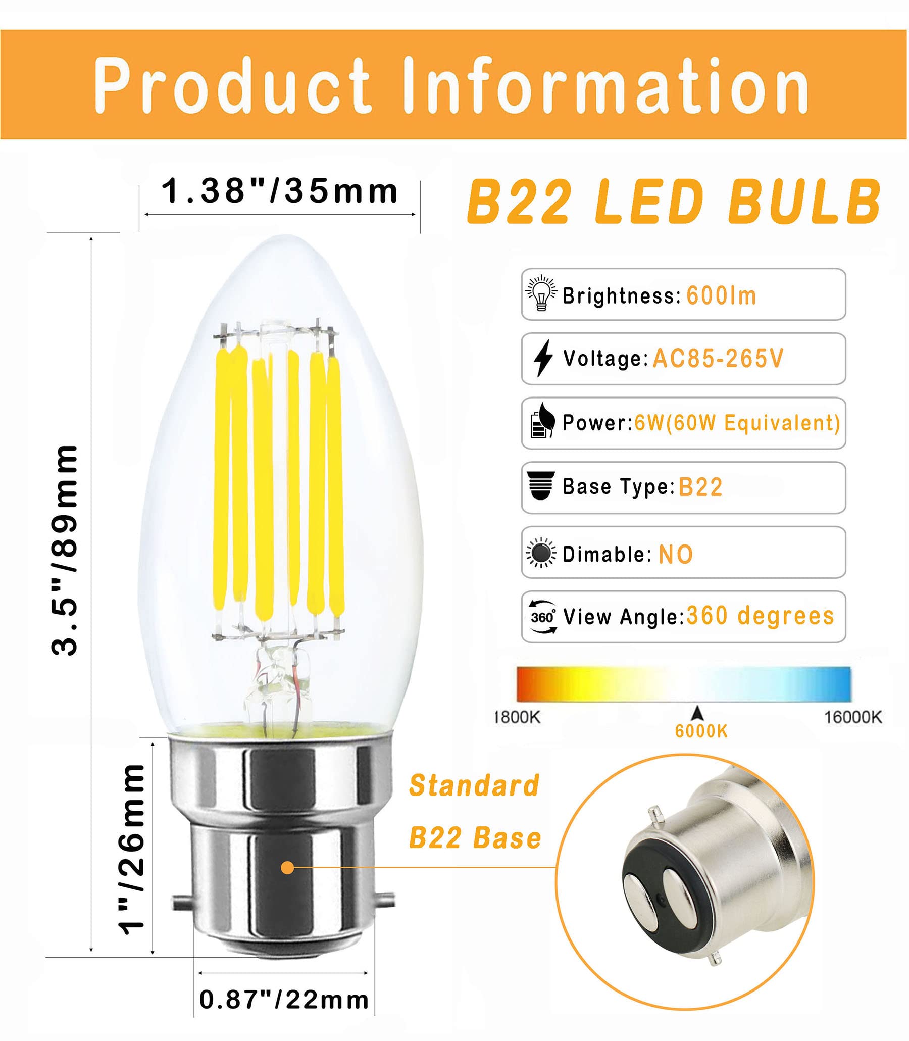 Lamsky 6W B22 Bayonet Led Filament Candle Light Bulb,6000K Daylight White 600Lm,C35 Shape Bullet Top,60W Incandescent Equivalent