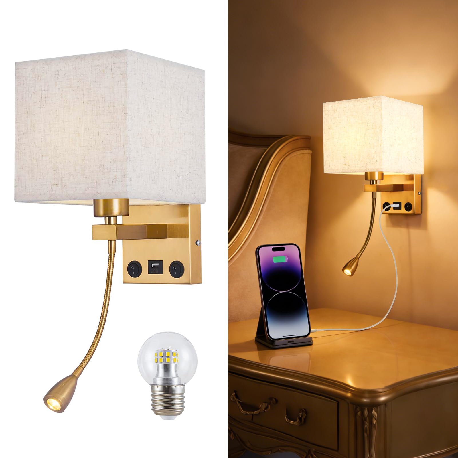 Moon rural Wall Sconces, Hardwired Wall Lamp with USB Port White Fabric Shade Bedside Wall Lights with Reading Lamp for Bedroom 