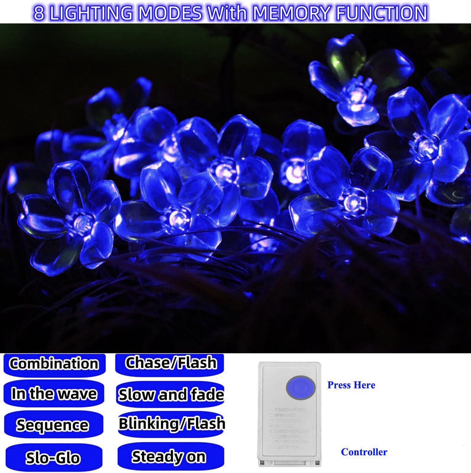 FULLBELL LED String Lights 33Ft 100 LEDs Blue Fairy Lights for Bedroom, Wedding, Party - Indoor/Outdoor Decor, Model 2022SL-FU-CA