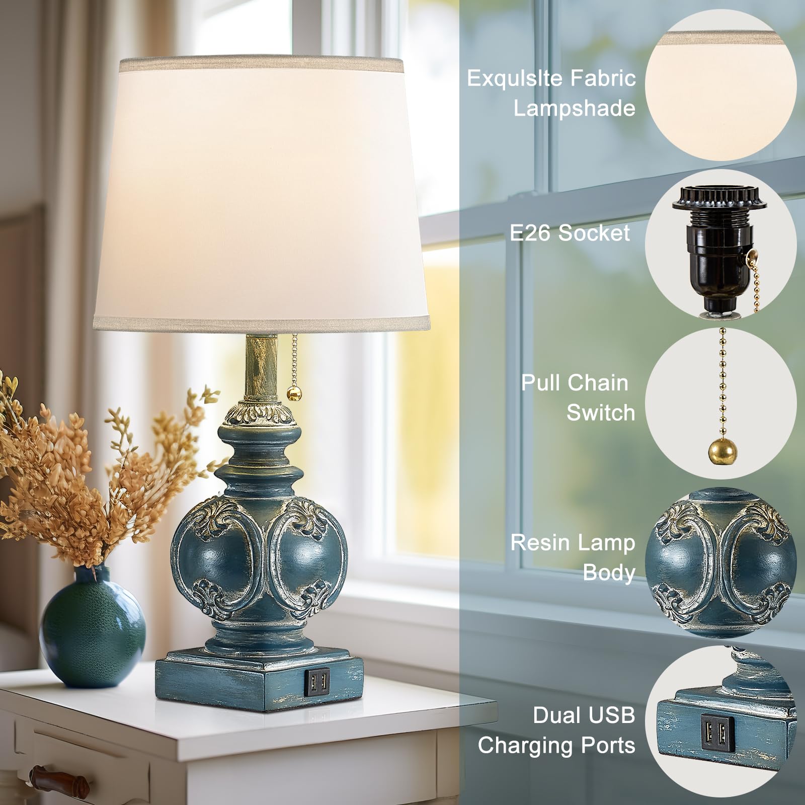 Fullarge 20.75in Farmhouse Table Lamps Set of 2, Rustic Bedside Lamps with 2 USB Ports, Antique Nightstand Lamp, Washed Blue