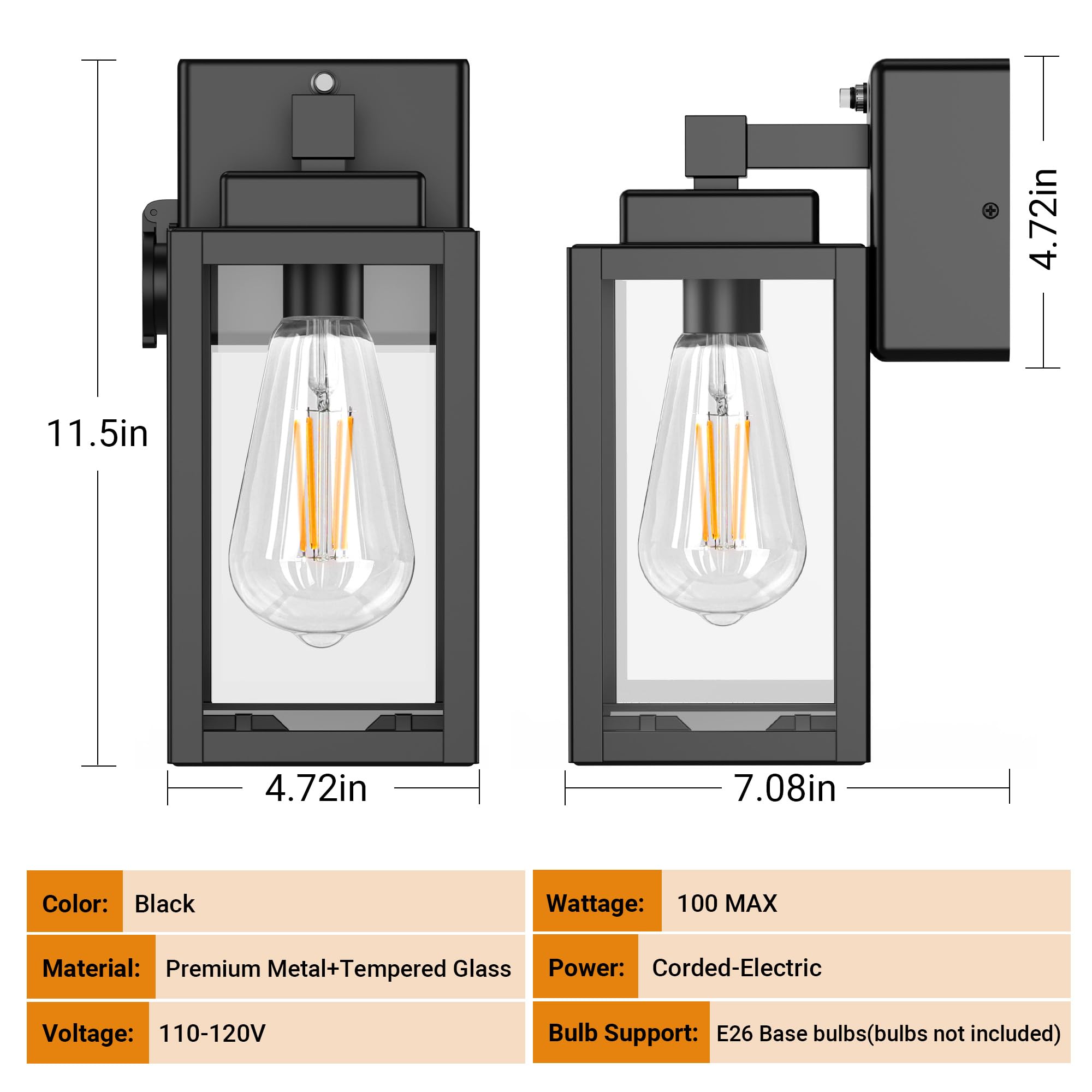 WIHTU Outdoor Wall Light Fixtures, Dusk to Dawn Sconce, 2-Pack, Black Aluminum, Model WTWL204AB2