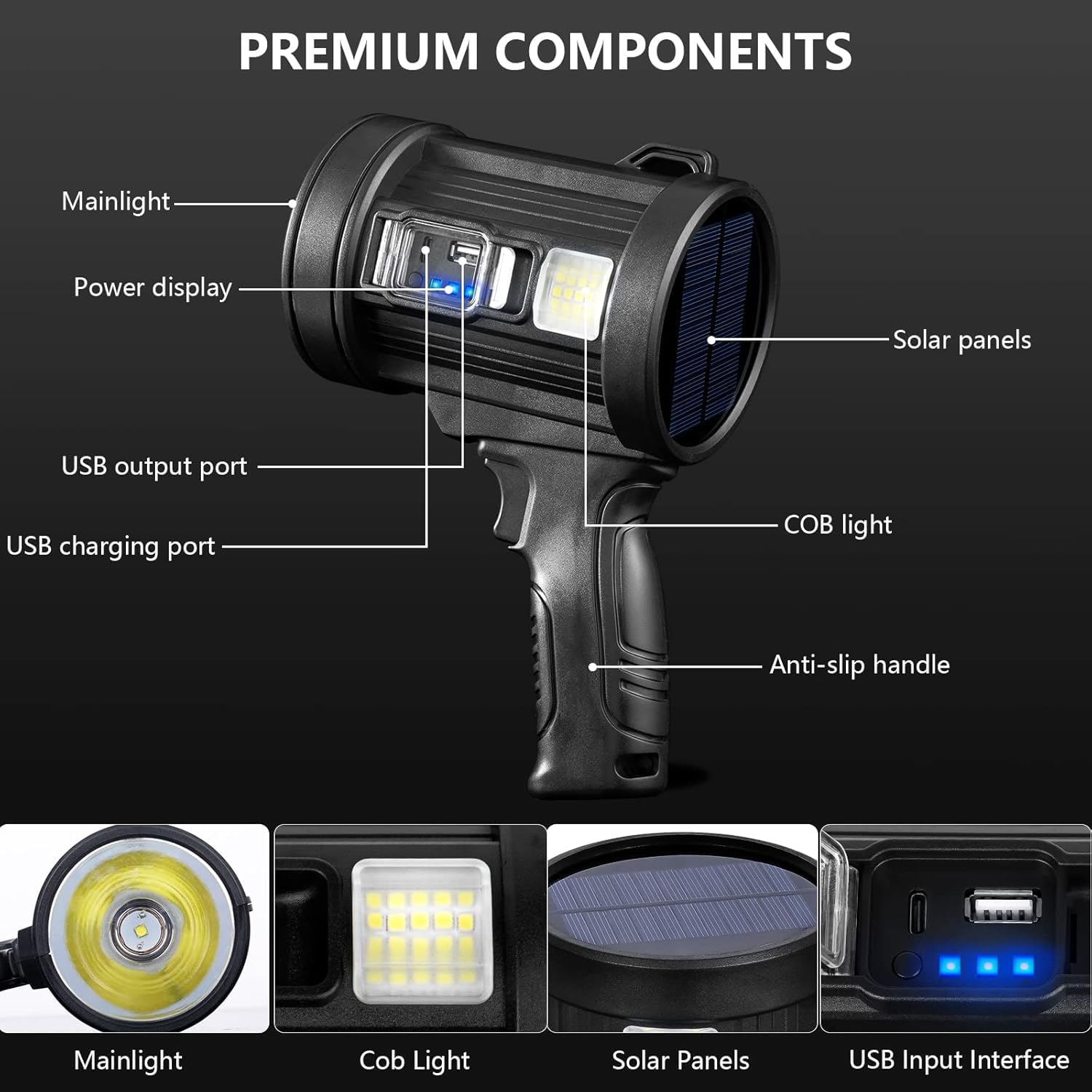 MIXILIN Rechargeable Spotlight 150000 Lumens LED Flashlight, Lightweight Black Handheld Model W-5113 for Hunting, Boating, Camping