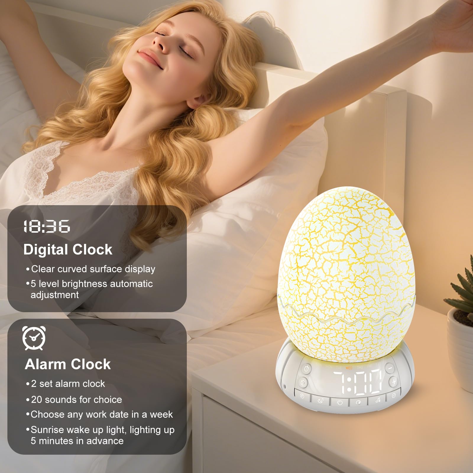 MTDYHY Dinosaur Egg 4-in-1 Clock Lamp Bluetooth Speaker Night Light - Multicolored Acrylic EGG-01