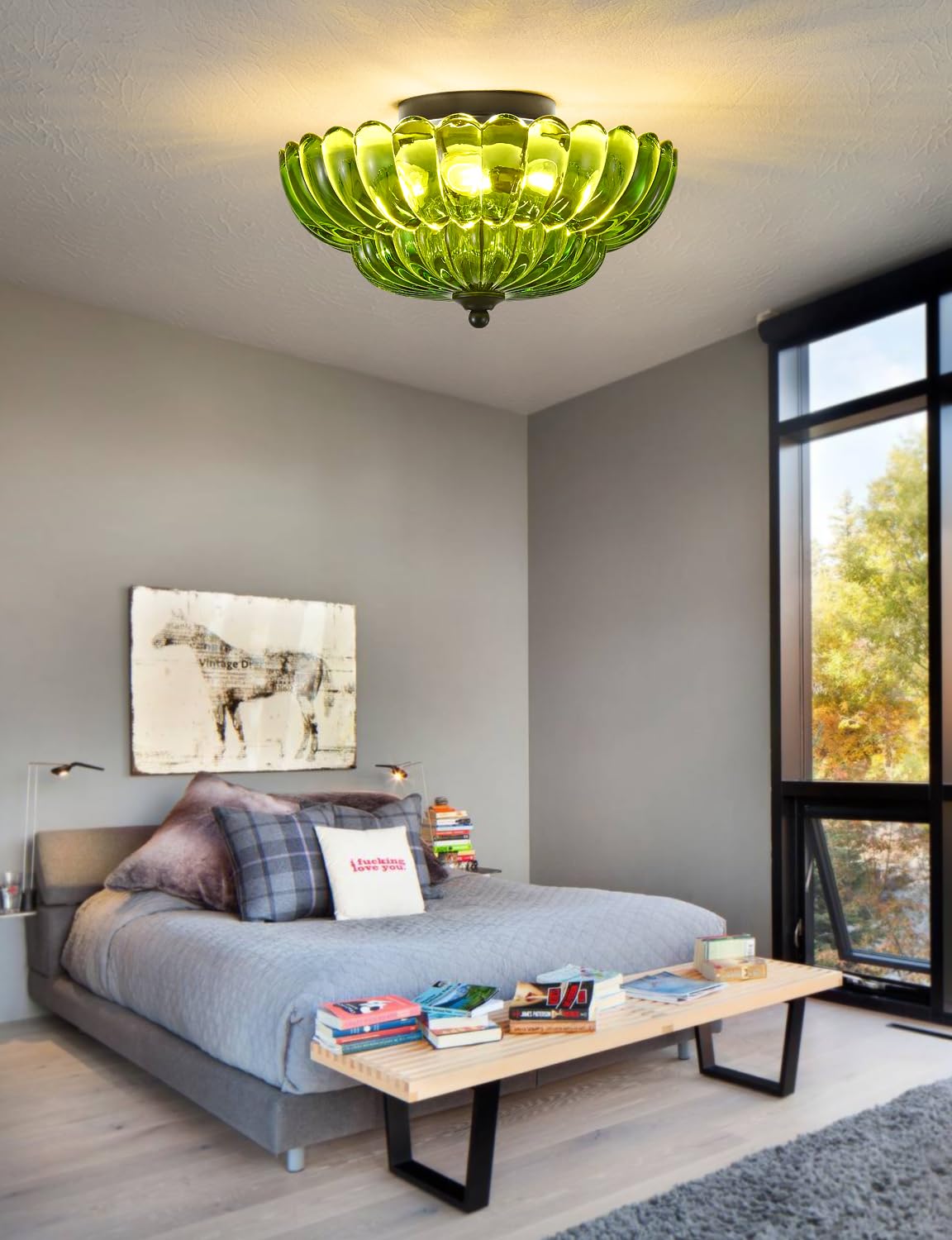 SIJINCHEN Semi Flush Mount Ceiling Light, 3-Bulb, Green Glass, 11.8 inch, Vintage Design for Bedroom, Kitchen, Living Room