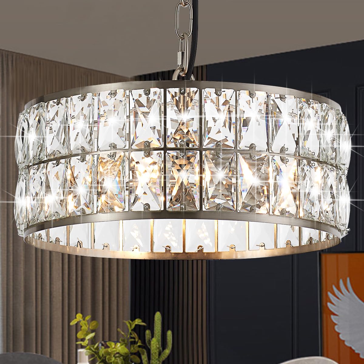 Salaiwei 12    3-Light Modern Crystal Chandeliers Nickel Dinning Room Light Fixture, Round Pendant Light Kitchen Island Chandeli