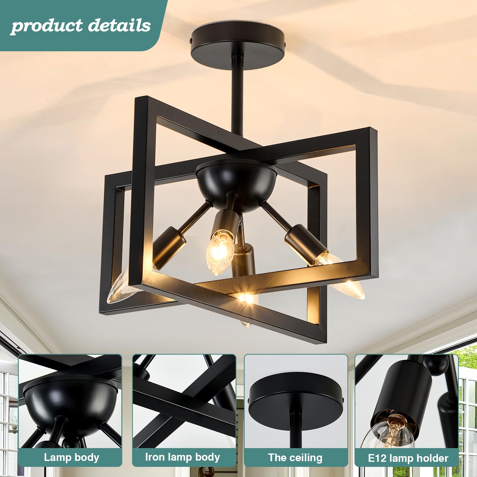 ZGLAOJT 4-Lights Ceiling Light Fixture Modern Iron Semi Flush Mount Chandelier F-1438 for Bedroom Kitchen Living Room Black