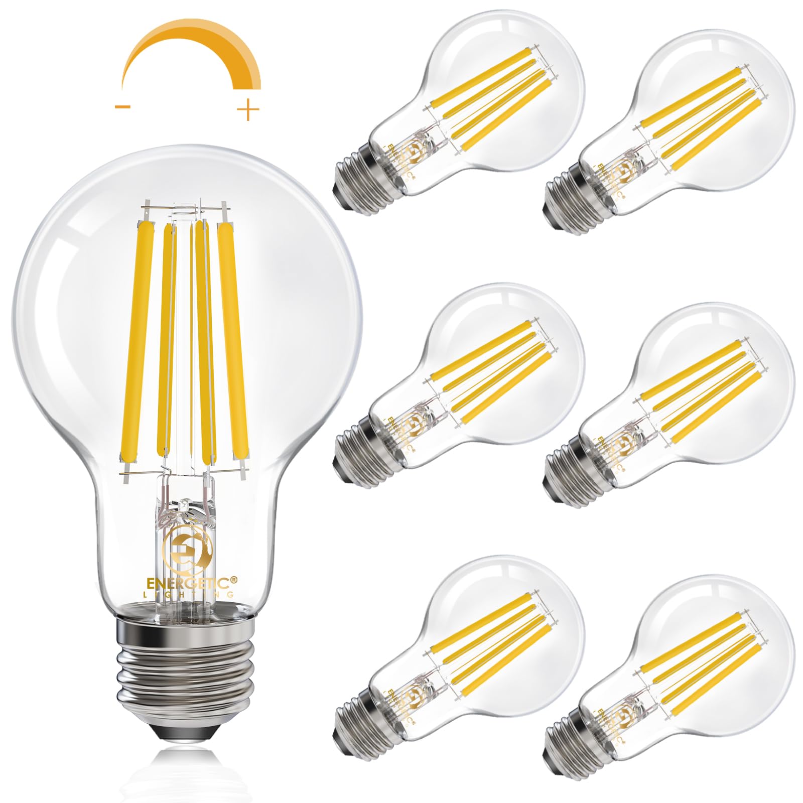 E ENERGETIC LIGHTING A19 LED Edison Bulb, 12W Equivalent, 1600LM, 3000K Warm White, Glass, 6-Pack