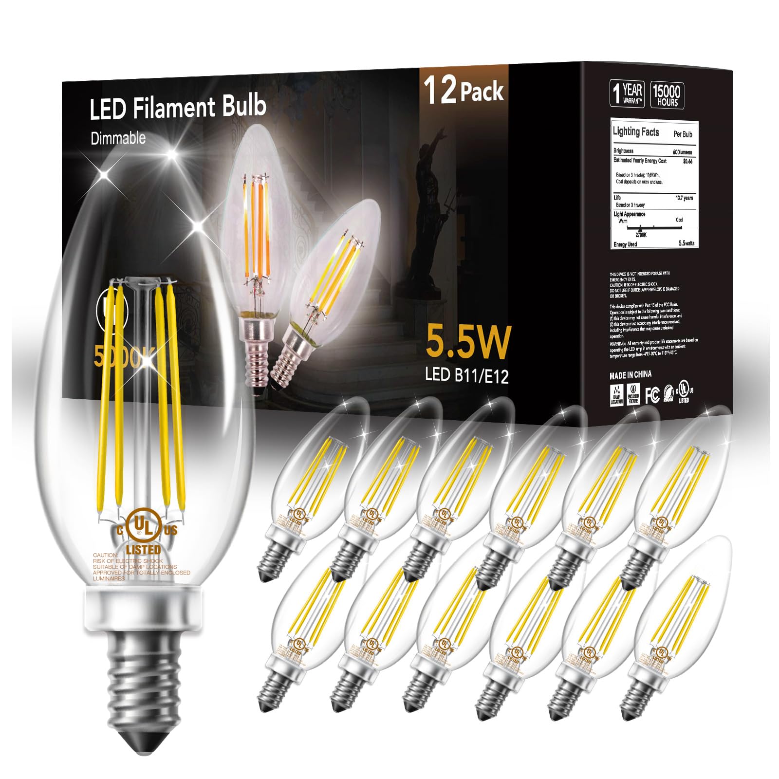 DAYBETTER Dimmable E12 Candelabra LED Light Bulbs, 5.5W 600 LM, 5000K Daylight White, 12 Pack, Glass, Model Q