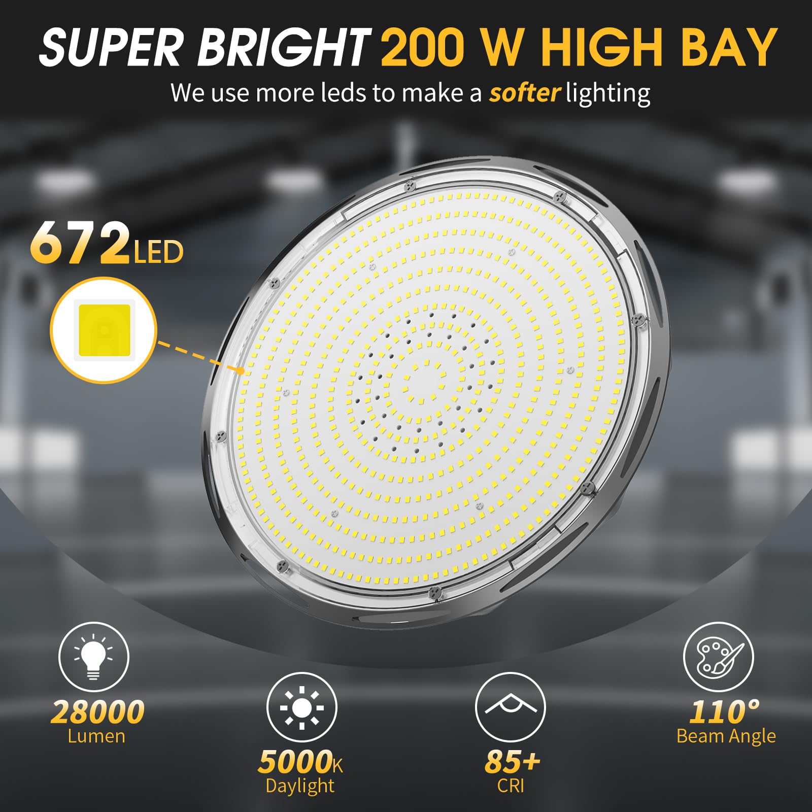 Elaruslux 200W 6 Pack Ufo Led High Bay Light With Reflector 28,000Lm 5000K Led High Bay Lights Ac110-277V 5' Cable With Plug Wat