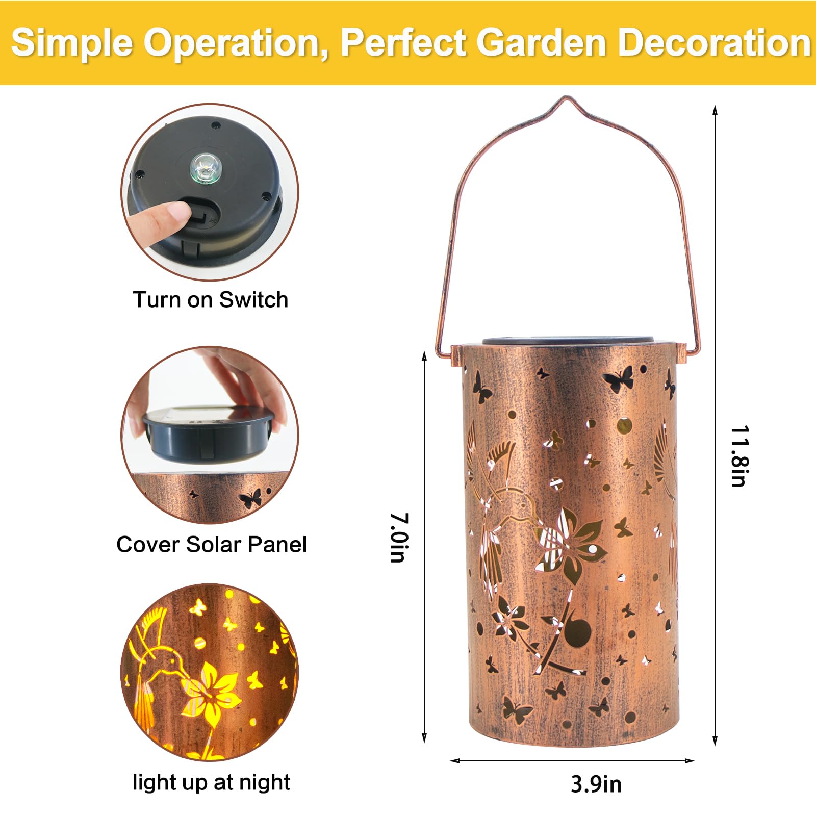 4 Packs Solar Lanterns Outdoor Hanging Lantern Lights, 4 Hummingbird Hollowed-Out Metal Decor Lantern, Waterproof Led Decorative
