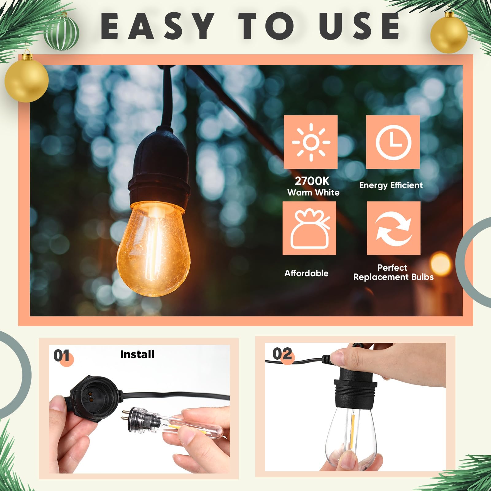 Rossesay S14 LED String Light Bulbs, 12 Pcs, 1.5W, 2700K Warm White, Waterproof, Black, Model XUU-Rossesay-