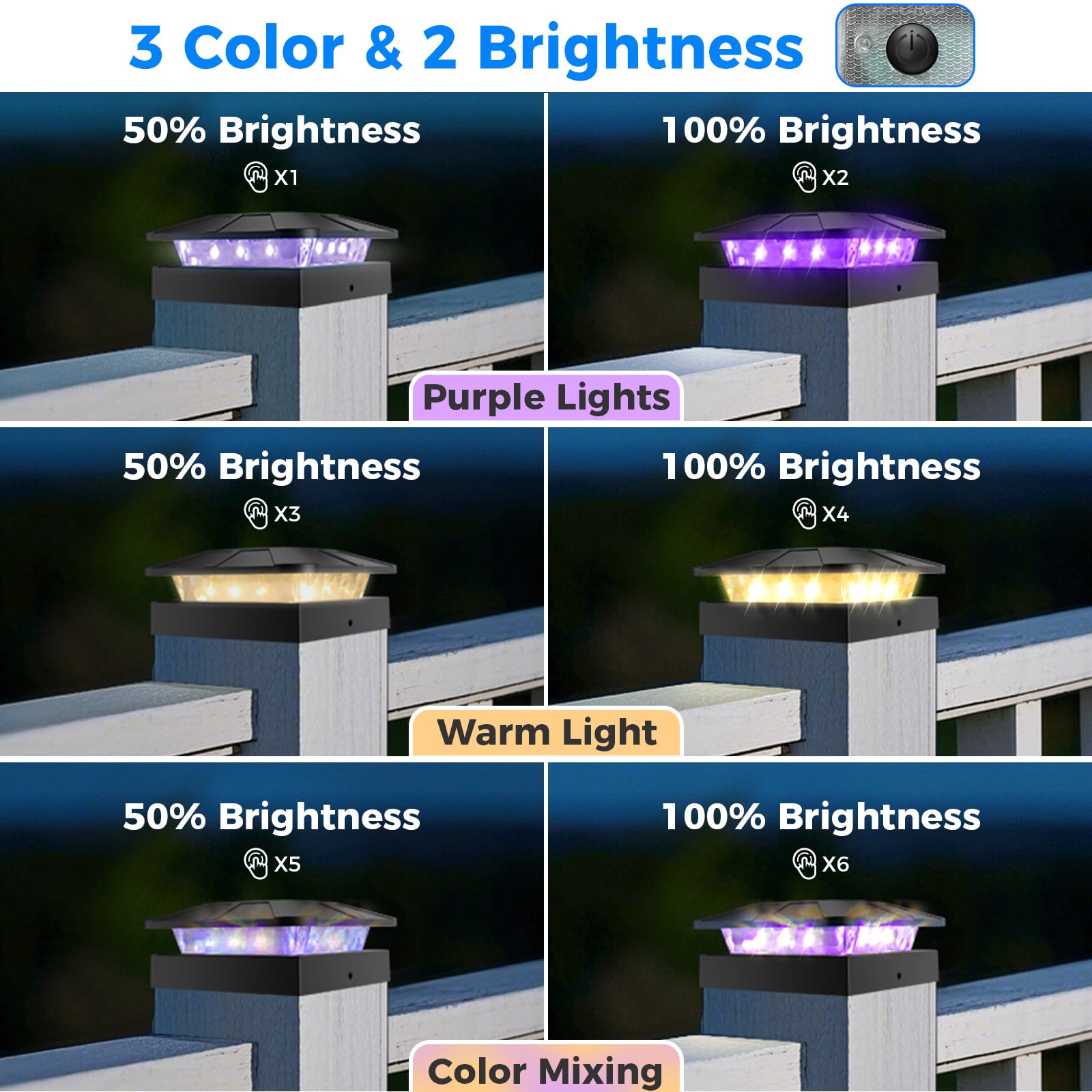 Peasur 2 Packs 4X4 Solar Post Cap Lights Outdoor  Purple & Warm White Led Fence Caps Light Waterproof  Wood & Vinyl Post Top Lighting For Deck Mailbox Railing Porch Outside