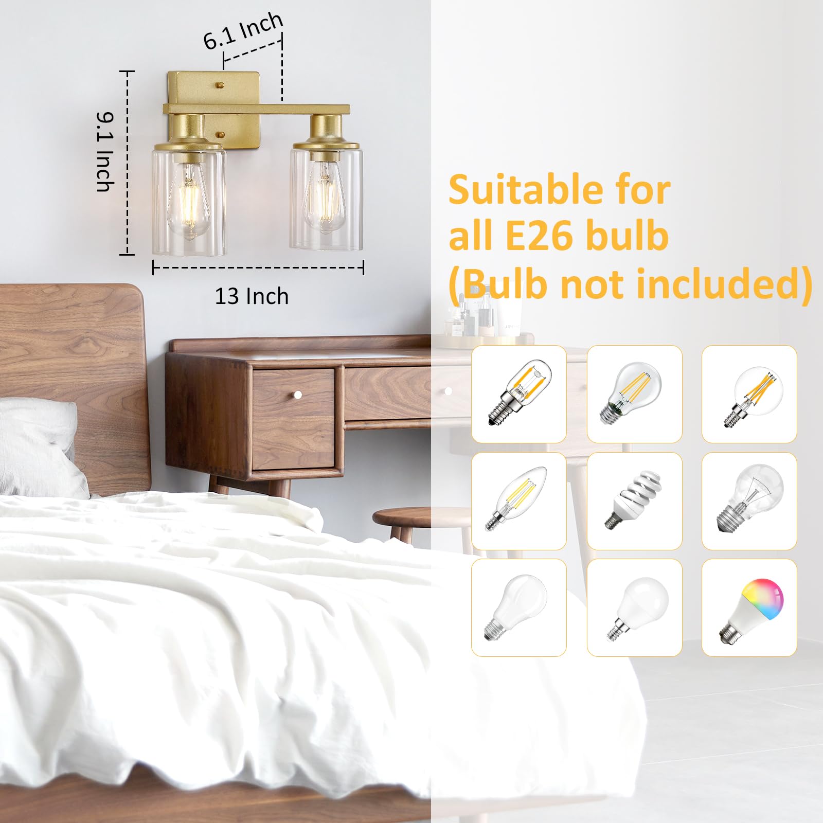 Litaddscen Gold Bathroom Light Fixtures Over Mirror,2-Light Bathroom Vanity Light With Clear Glass Shade,Modern Farmhouse Wall S