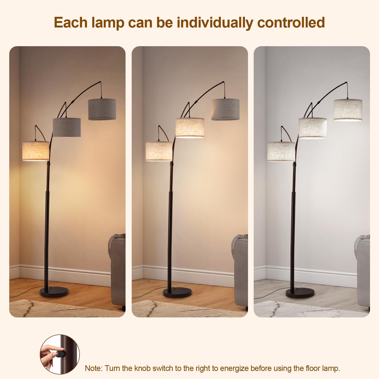 Netin 3 Light Arc Floor Lamps for Living Room, Dimmable Floor Lamp with Remote Control, Modern 80 Tall Standing Lamp, 3 Color Te