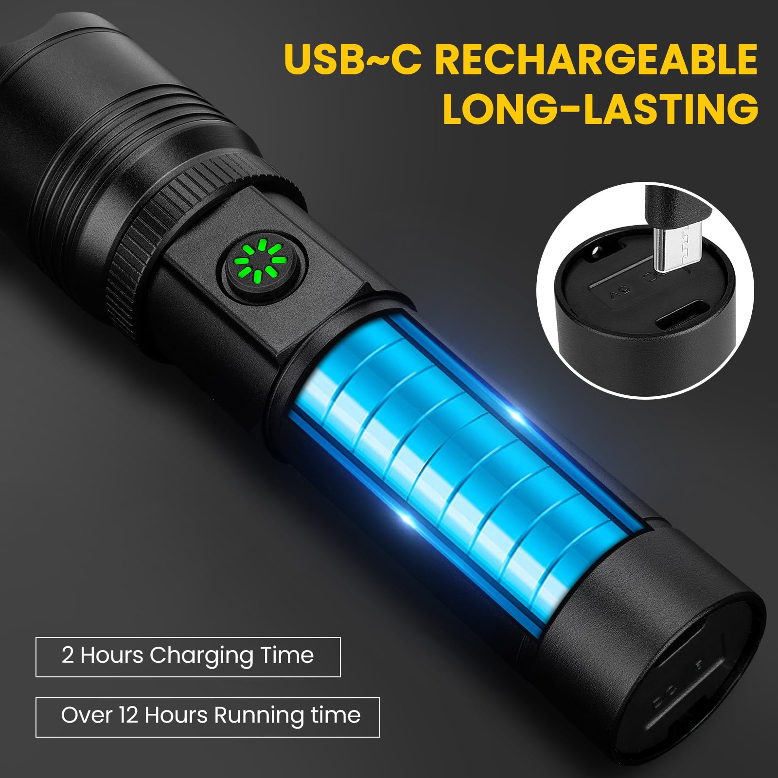 azamine Rechargeable Flashlight, 99000LM Super Bright, 6 Modes, Aluminum, Black, Model P19-COB