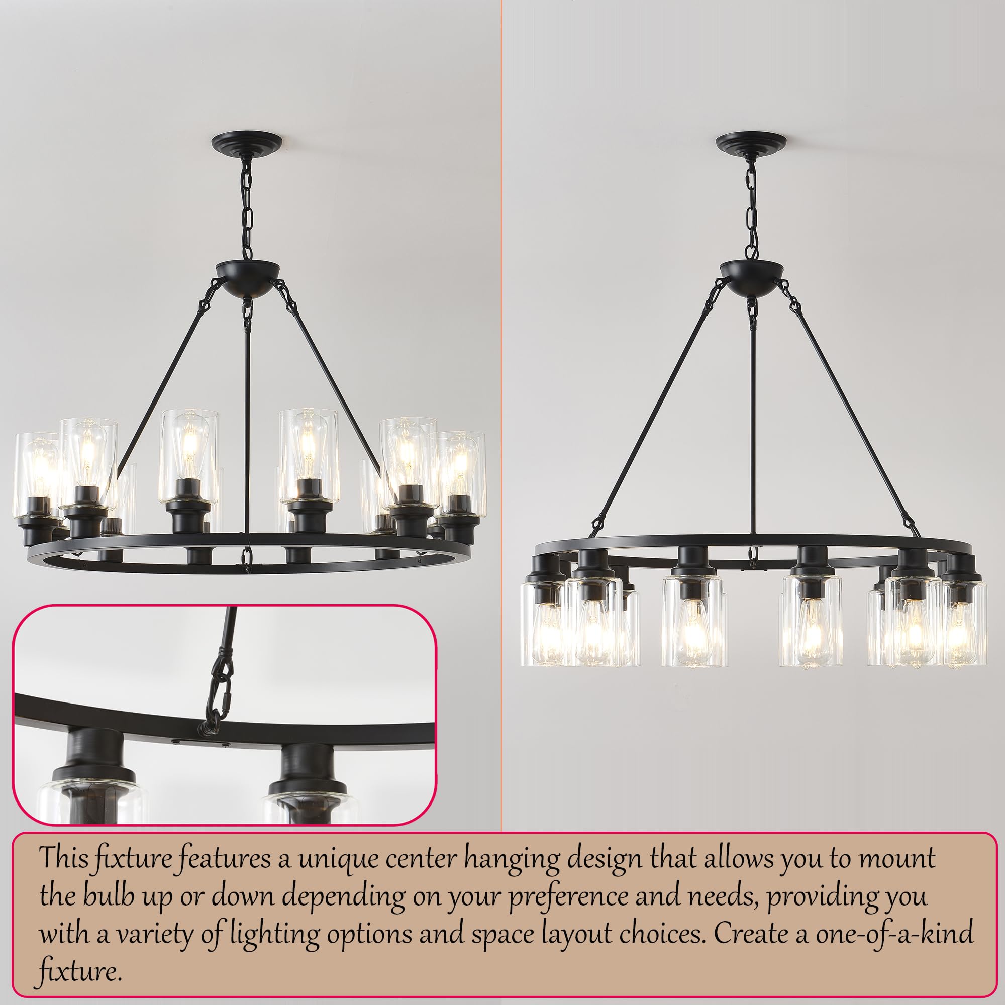 Jtyp 32&quot; Black Wagon Wheel Chandelier, 12-Light Farmhouse Pendant Light For Living Room & Kitchen