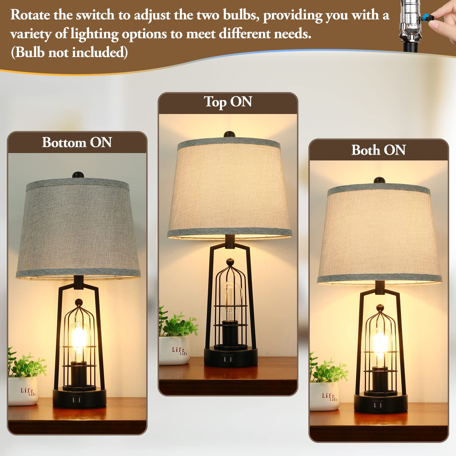 Brightever Farmhouse Table Lamps Set of 2, Metal, Gray, 2 USB Ports, JT2026, Rustic Industrial Design for Living Room and Bedroom