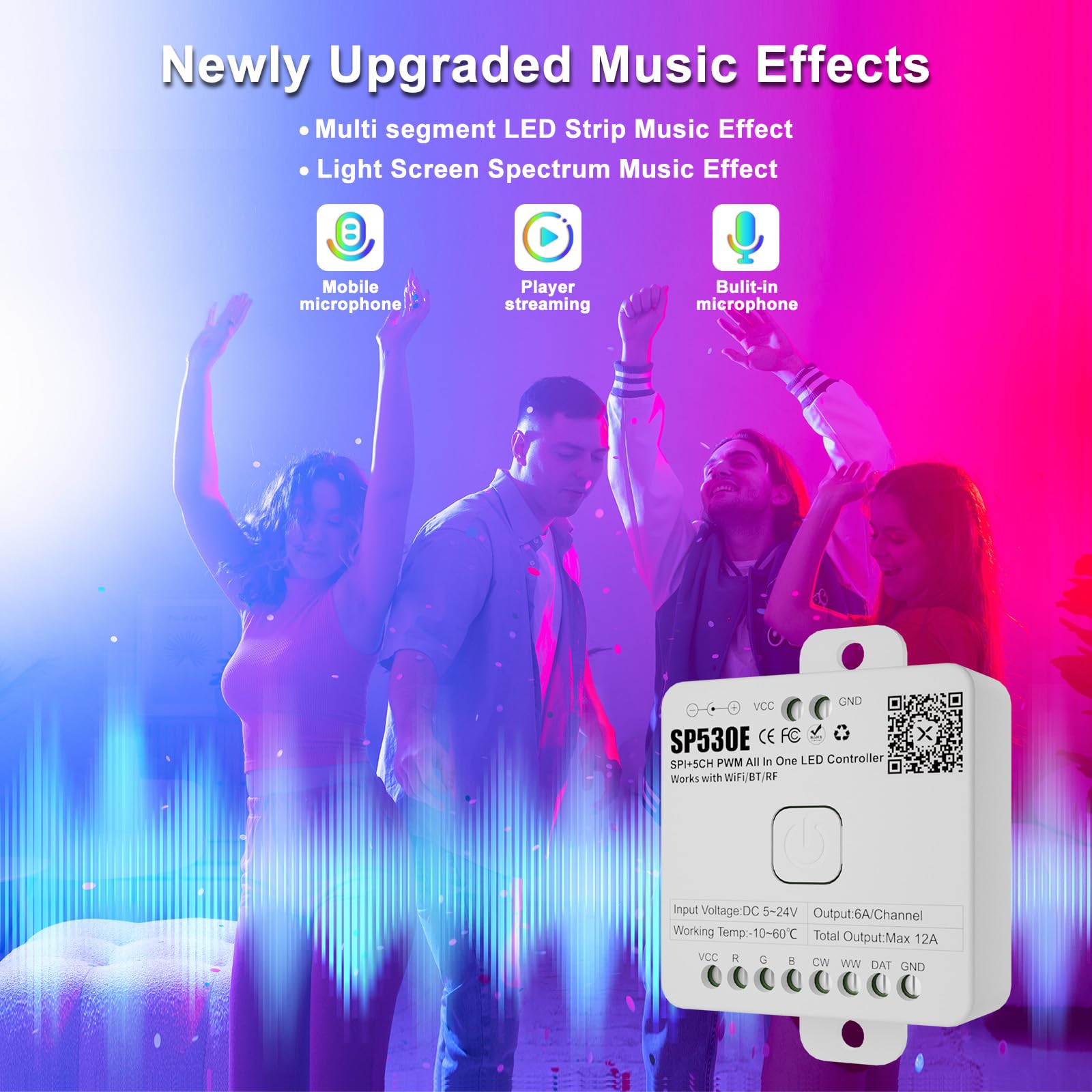 Pautix Sp530E Wifi Led Controller, Alexa/Bluetooth, Supports 12 Led Types, Dc5V/12V/