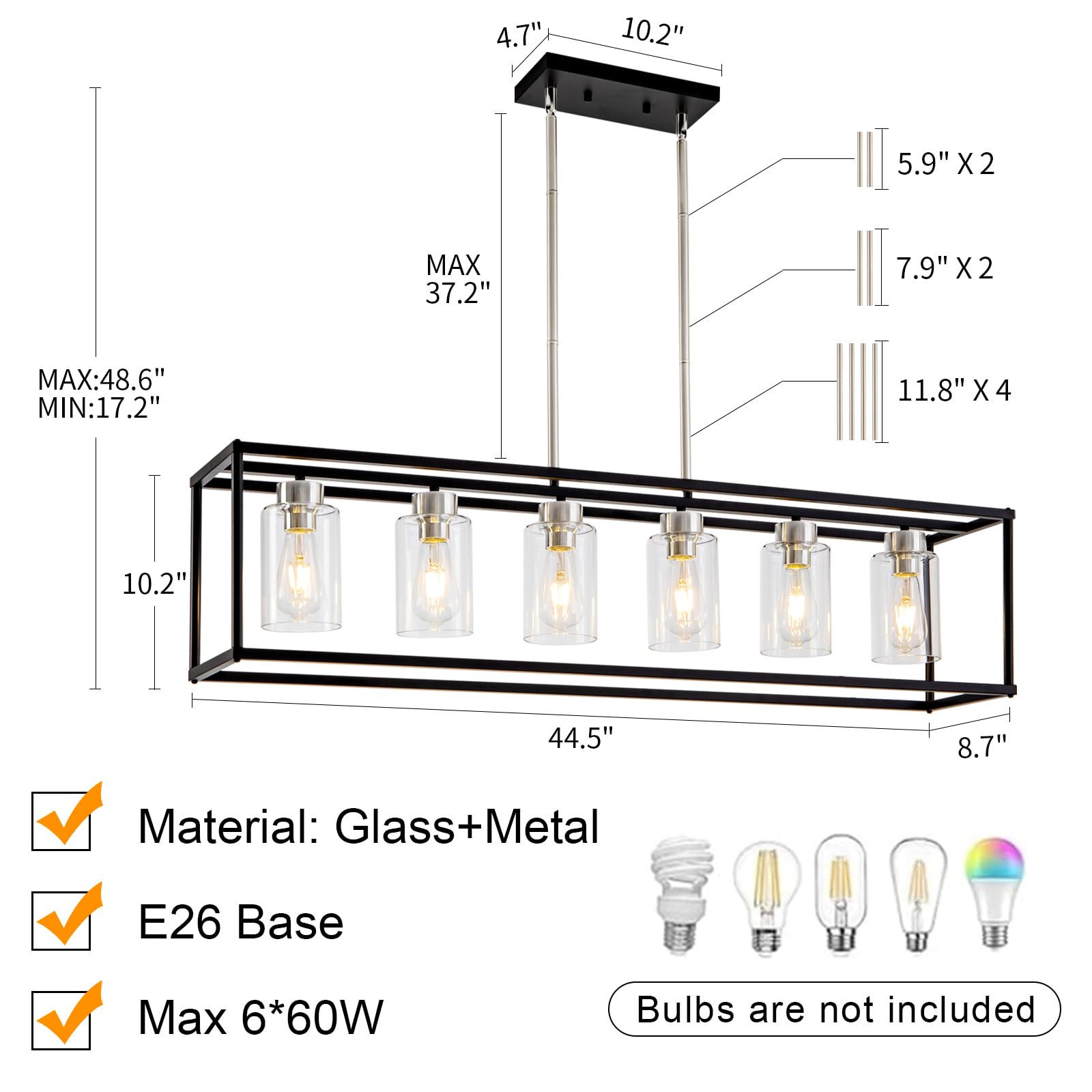 Hccz 6-Light Modern Rectangular Chandelier, Black & Brushed Nickel, Glass Shade For Dining Room