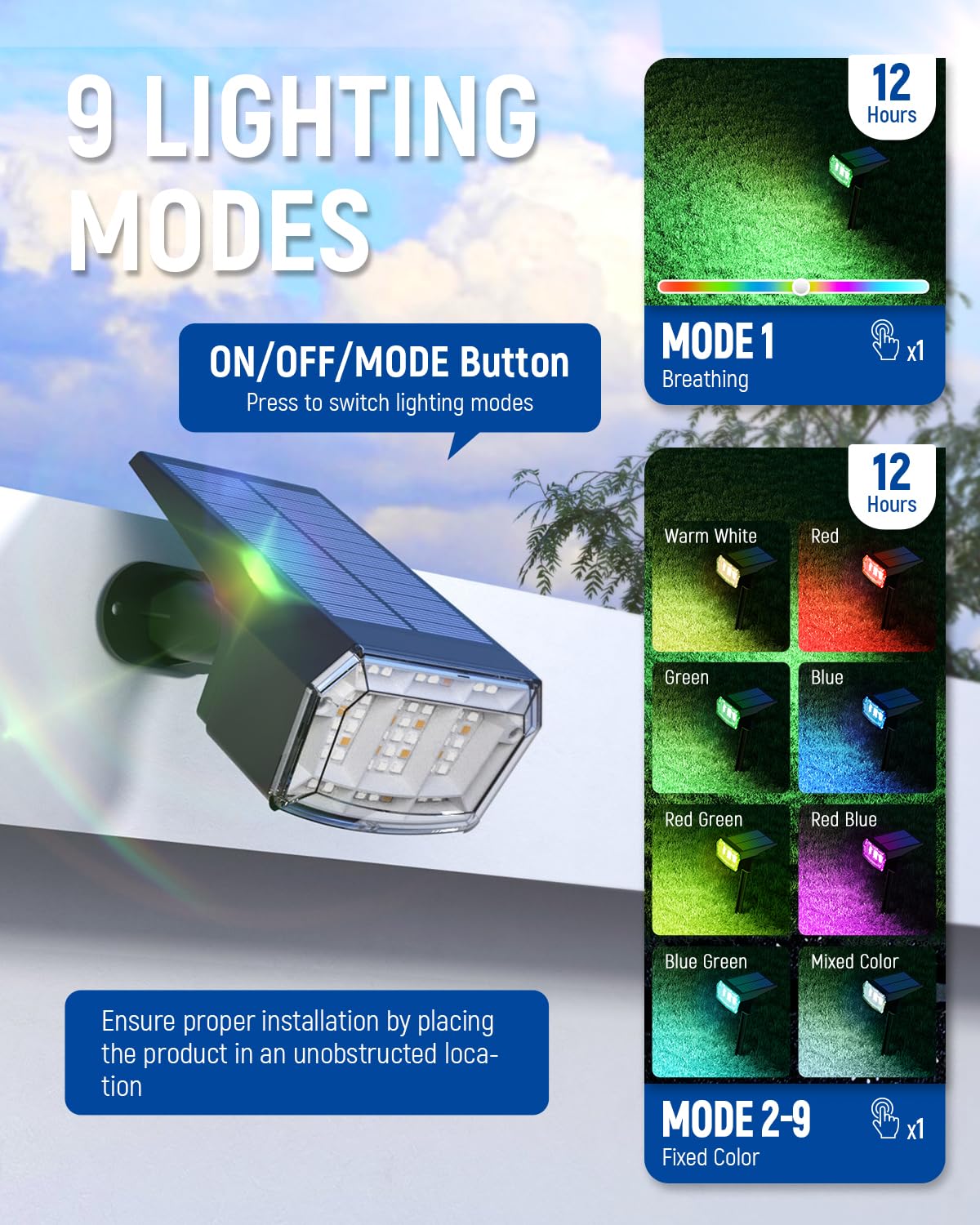 AUDERWIN Solar Spot Lights, 9 RGB Modes, Waterproof IP65, 63 LED, 10 Pack, Multicolor, Model 9109