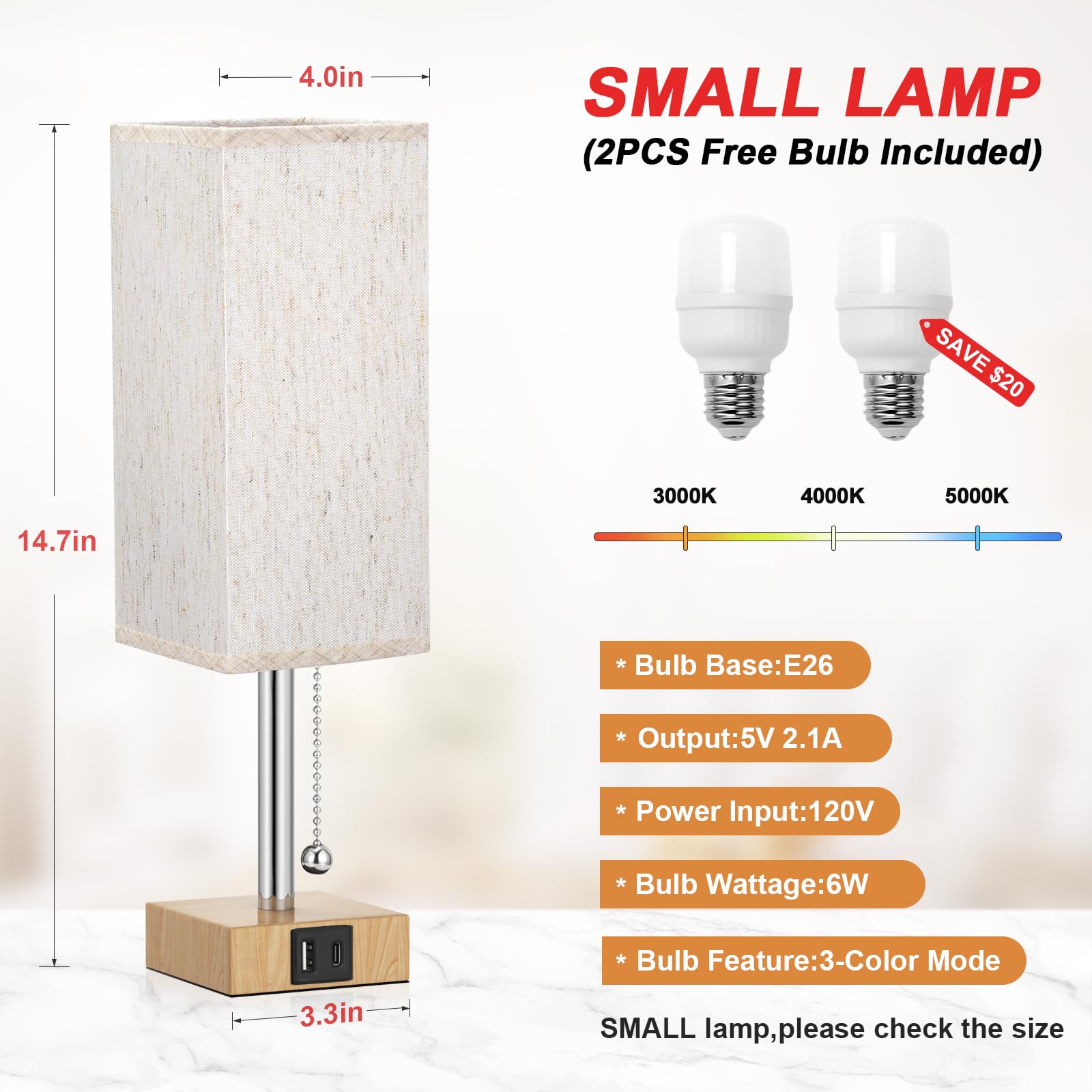 Wood Grain Bedside Table Lamps Set Of 2 - Bedroom Lamps With 3 Color Temperatures (3000K/5000K/4000K), Two Square Nightstand Lam
