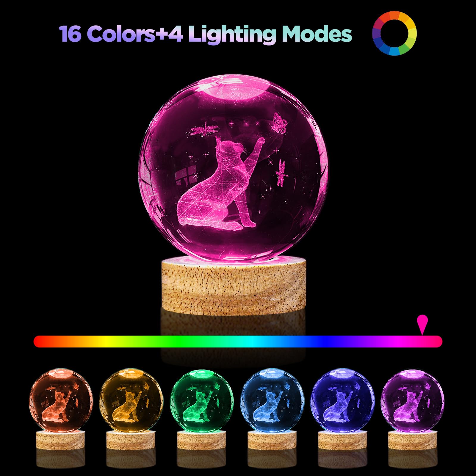 Pymin3D 3D Cat Crystal Ball Night Light 3.15In K9 Cat Lamp With 16 Colors Change Wooden Base And Remote Control Christmas Cat Gi