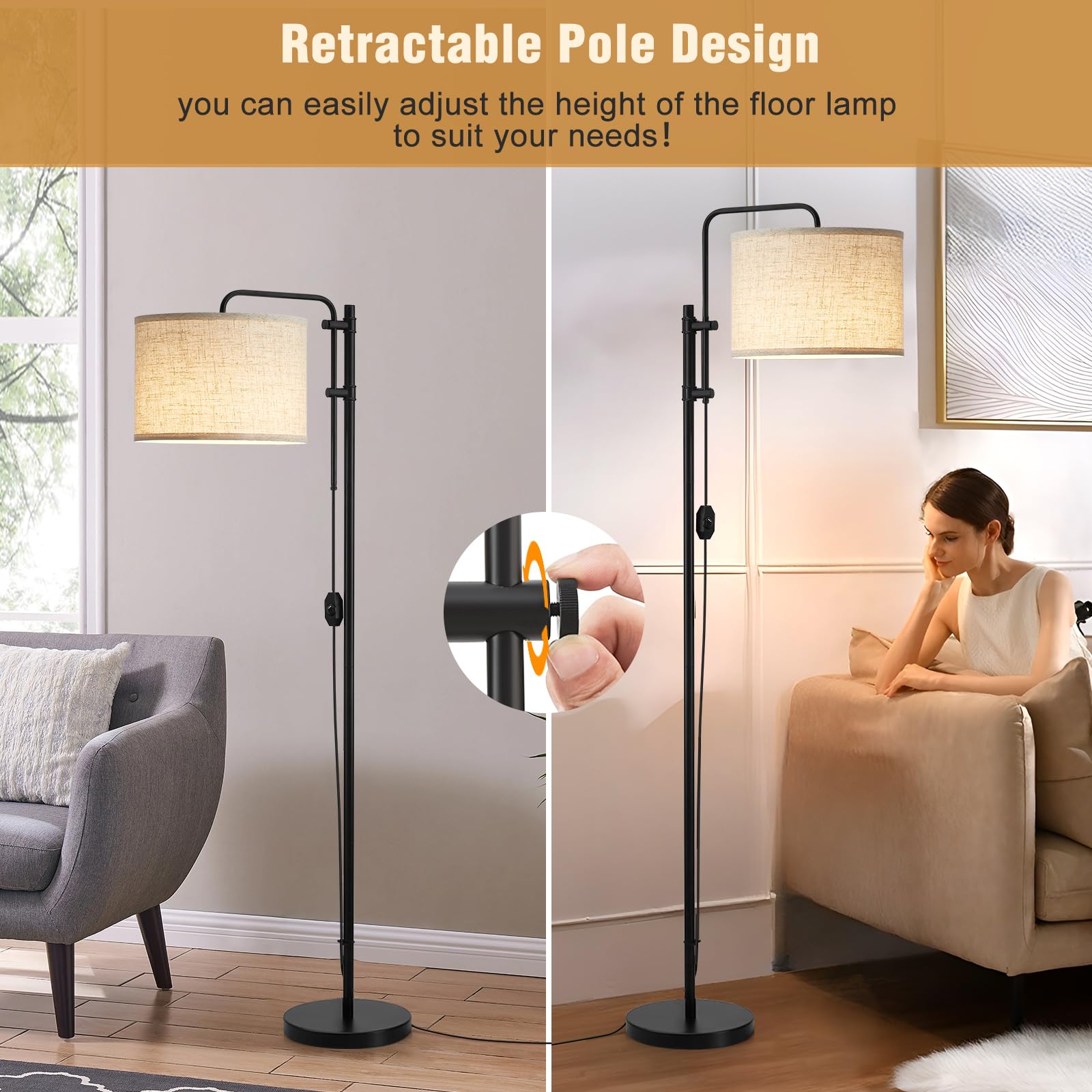 Gyrovu Floor Lamp For Living Room, Adjustable Height Standing Lamps With 350 Rotate Beige Lampshade, 67.5-Inch Modern Tall Lamp