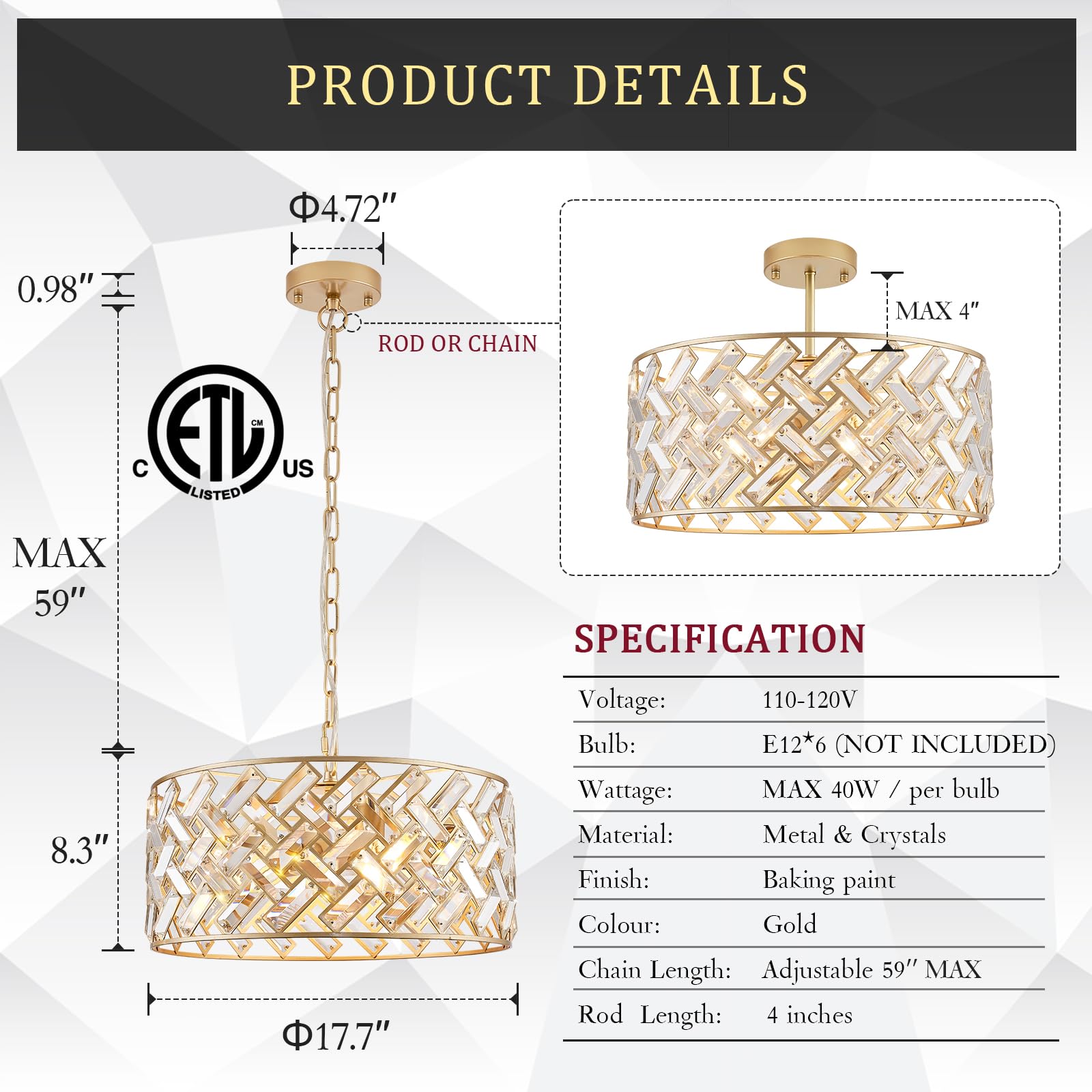Catiner Gold Crystal Chandelier Modern 18" Round Semi Flush Mount Ceiling Light For Dining Living Room Bedroom & Foyer - Large Round Pendant Fixture