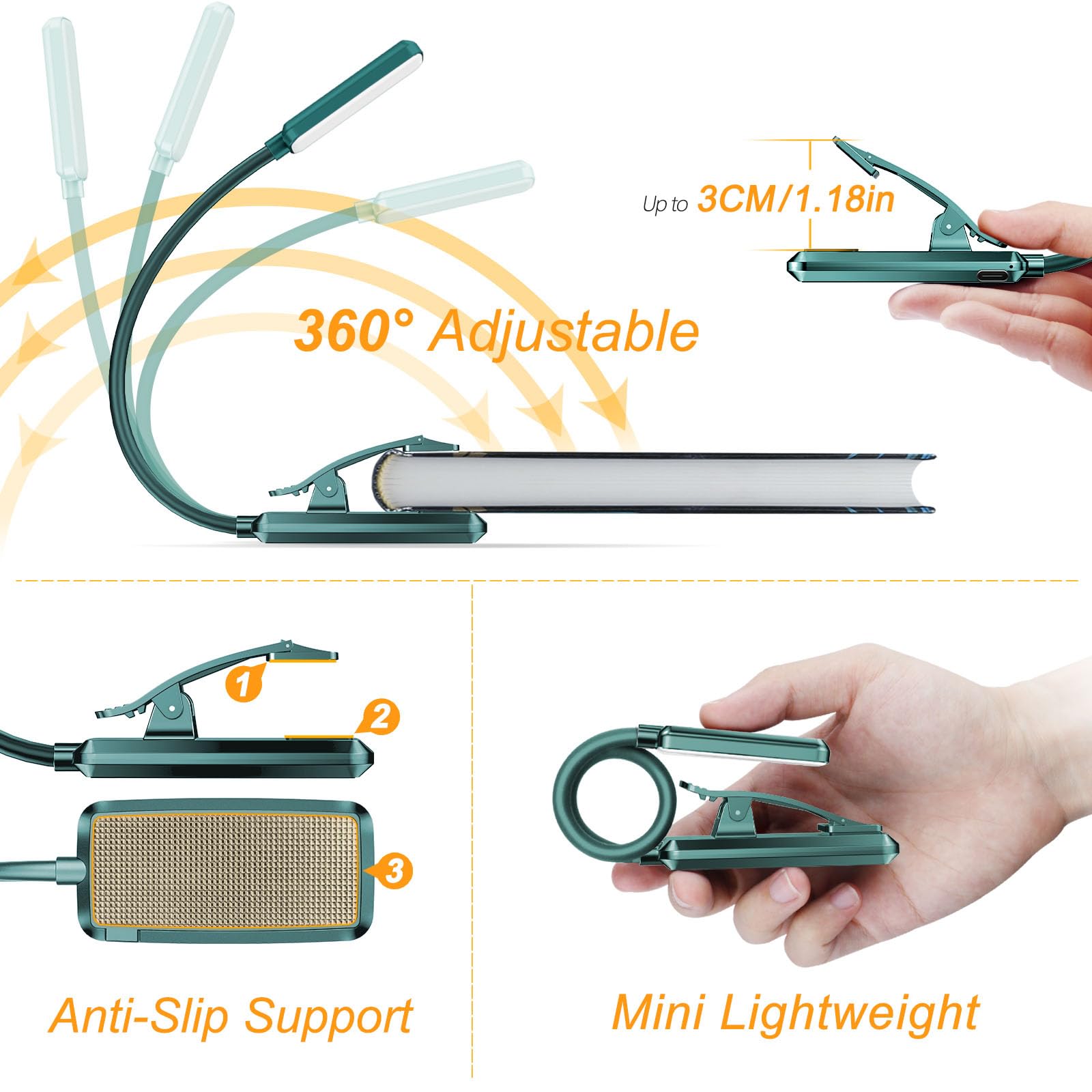 Gritin Rechargeable Book Light - 9 LED, Eye-Caring, 3 Color Temperatures, Stepless Dimming, Clip-On, Green, Model G1330