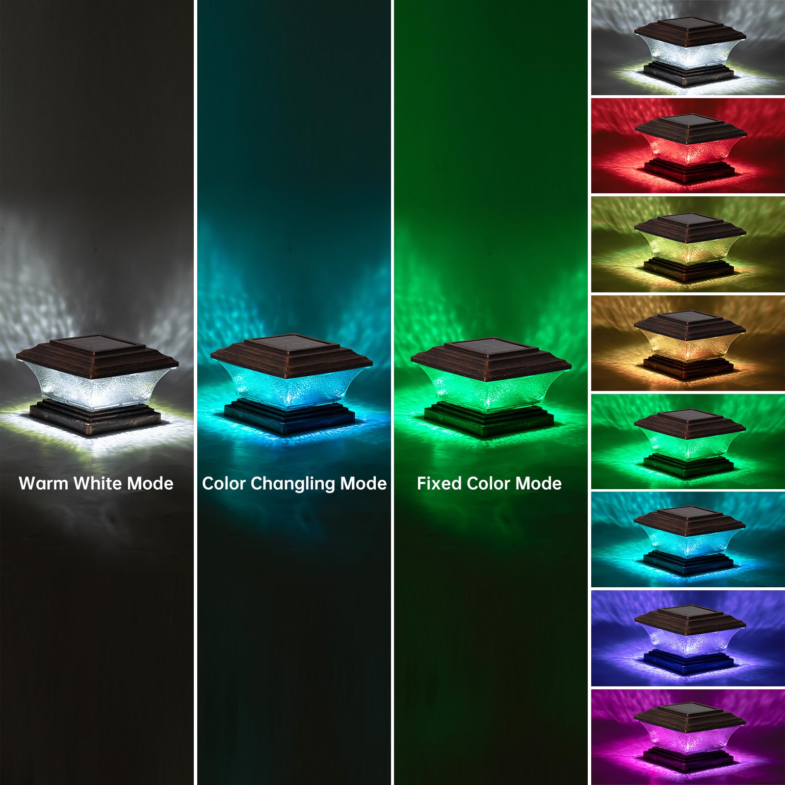 HUYIENO Solar Post Cap Lights LED, Warm White & 7 RGB Colors, 6pk, Brushed Copper, Model HY1238C-6