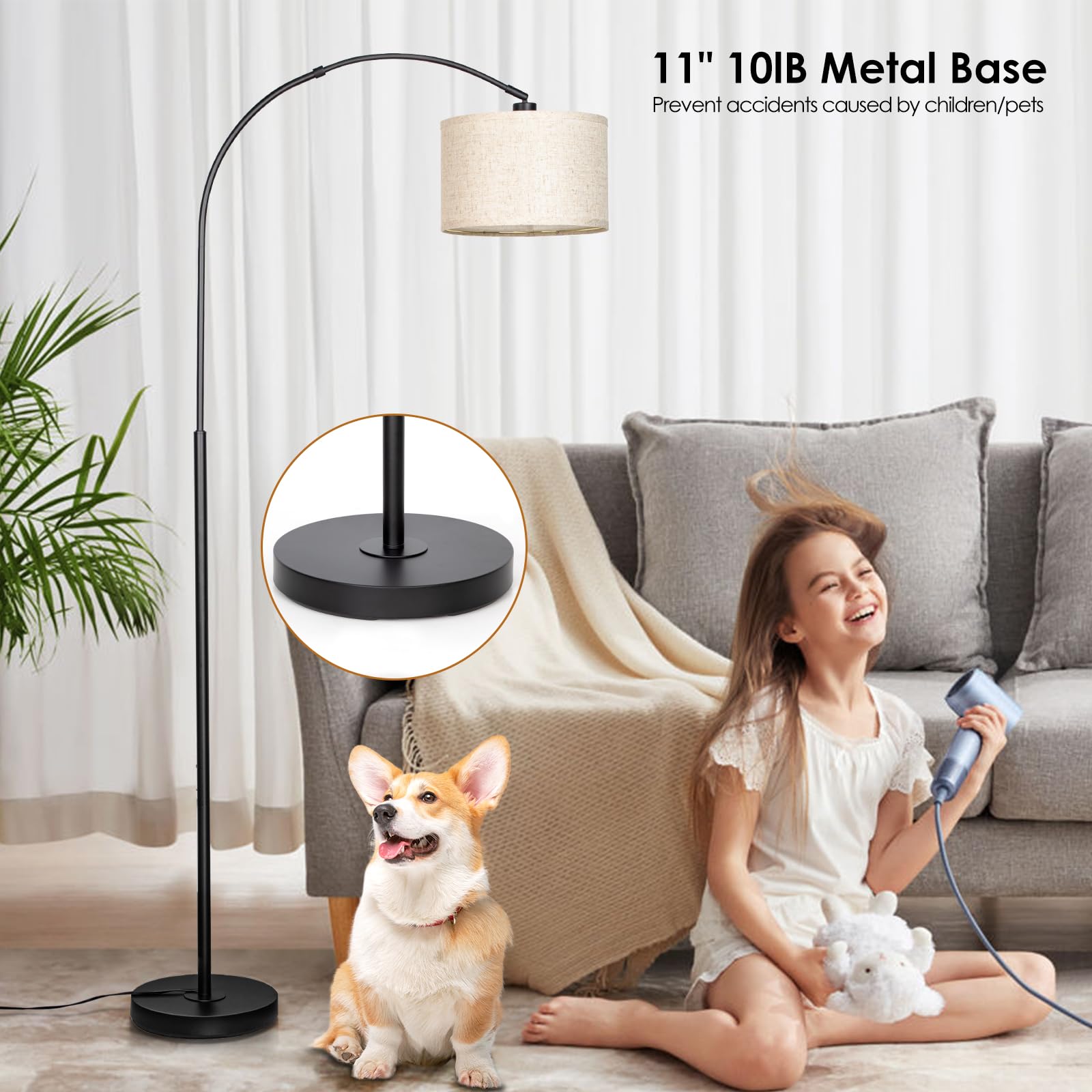 Qingmiao Arc Floor Lamp, Modern Dimmable Standing Lamp With Remote, Black Metal Shade, Foot Switch, Ideal For Living Room Or Bedroom