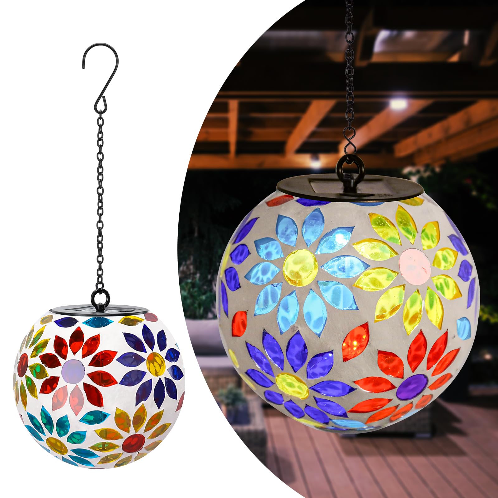 Solar Hanging Lantern Solar Outdoor Lanterns Mosaic Flower Outdoor Hanging Lights Outdoor Lights Waterproof Garden, Patio, Pathw