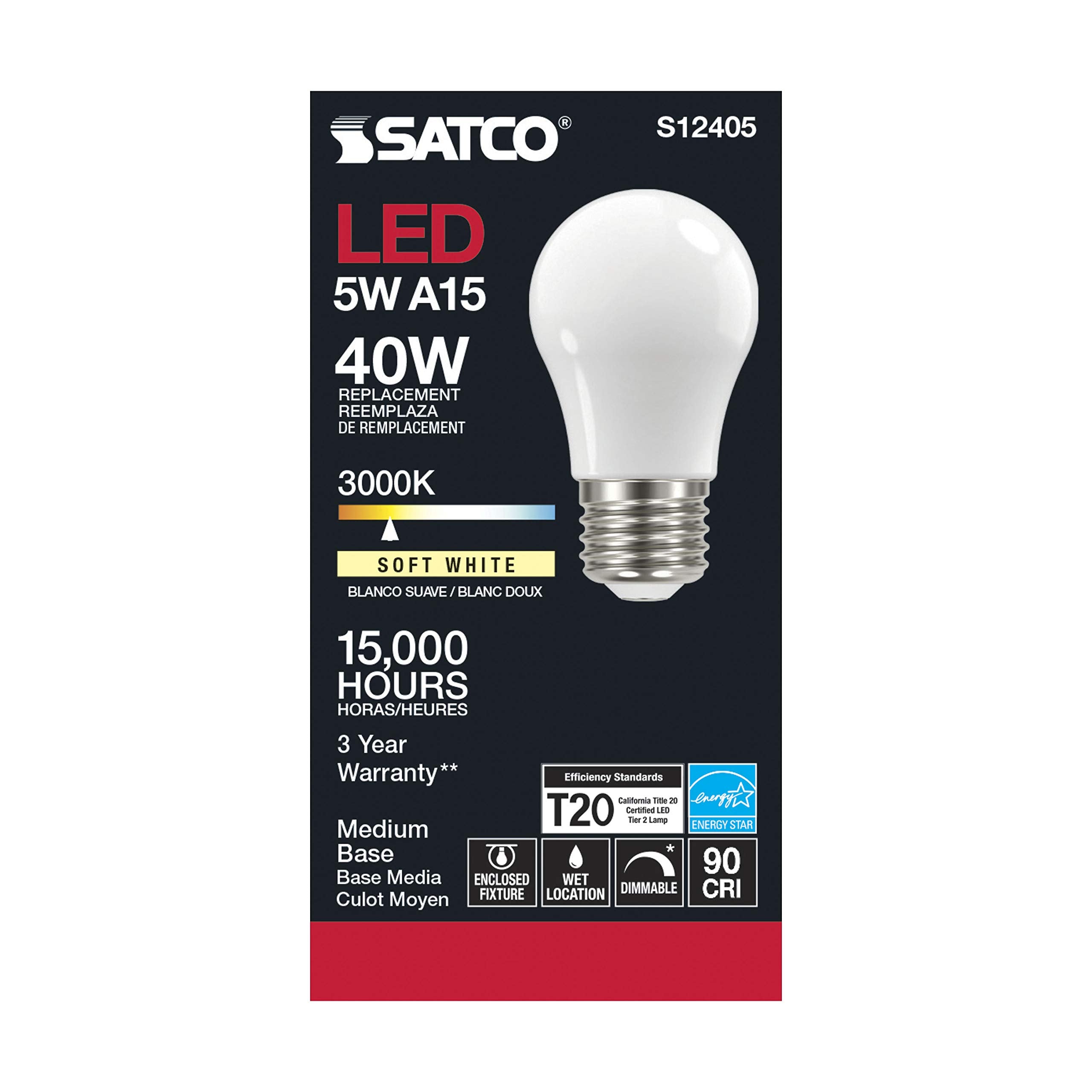 Satco (6 Pack) Dimmable Led Filament Lamps, S12405, High Lumens, 5 Watt, A15; Soft White; 3000K; Medium Base; 90 Cri; 120 Volt For Use At Residential, Hospitality, Display And Commercial