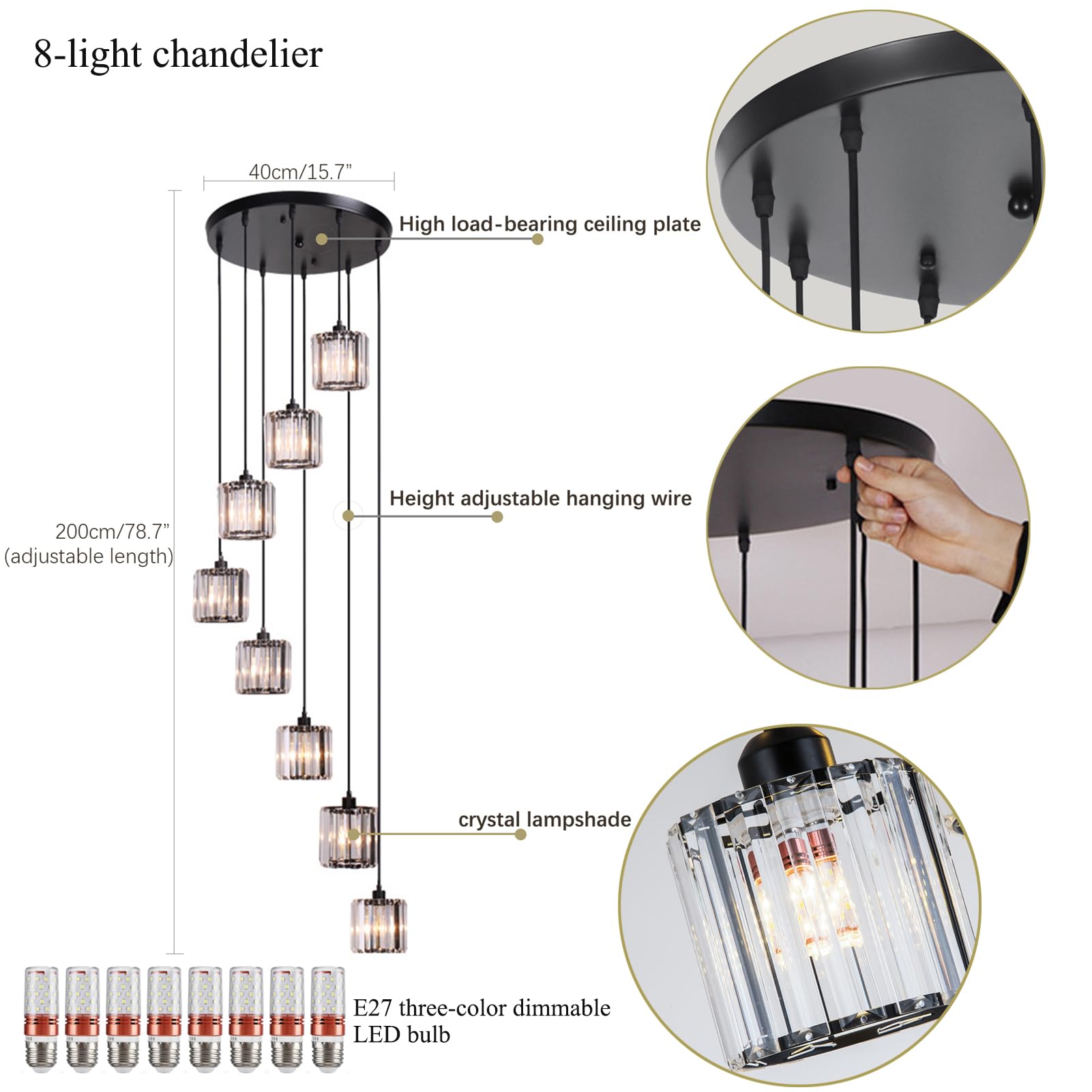 Meimond Modern Crystal Pendant Light, 8 Lights, Black Metal Raindrop Chandelier for High Ceilings, Foyer, Living Room, Model LTD-10