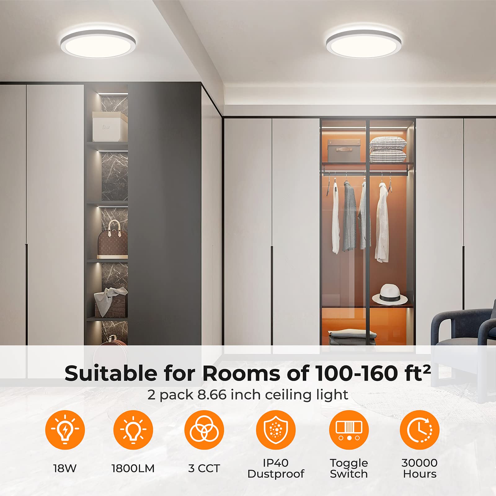 Blnan Led Flush Mount Ceiling Light, 8.66 Inch 18W 3000K/4000K/5000K Hardwire Light Fixture, Ultra Thin Round White Lamp For Kit