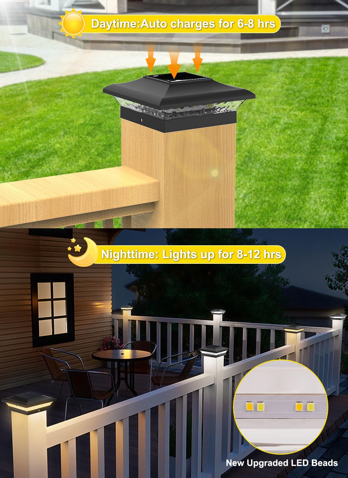 T-Sun 4X4 Fence Post Solar Lights Outdoor Waterproof - Auto Dusk To Dawn Solar Lighting For Deck  Vinyl/Wooden Posts | 12 Pack Weatherproof Warm & Cool White Patio Lights (Black)