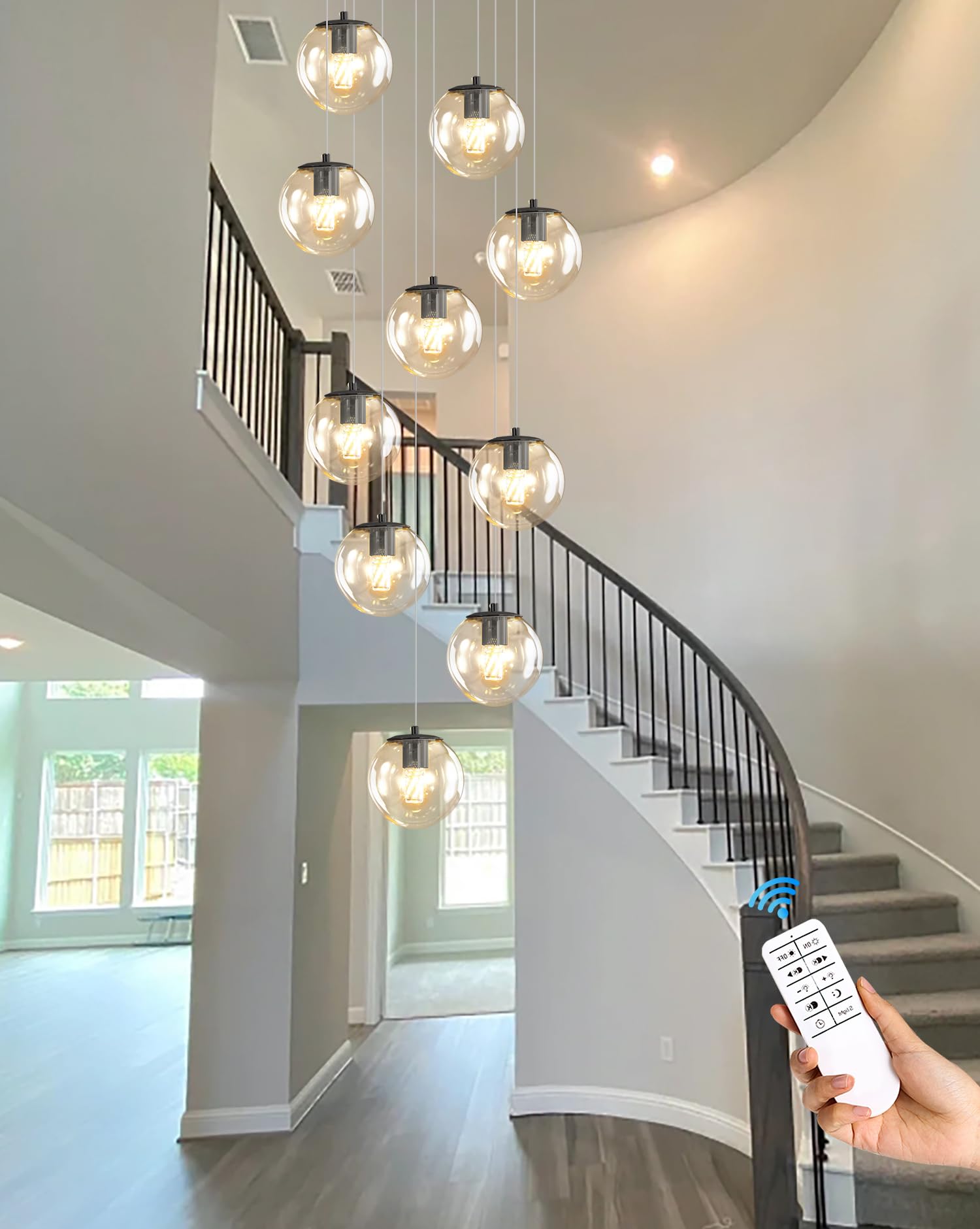 ykolupty 10-Light Modern Glass Globe Pendant Light - Black, Ideal for High Ceilings & Staircases