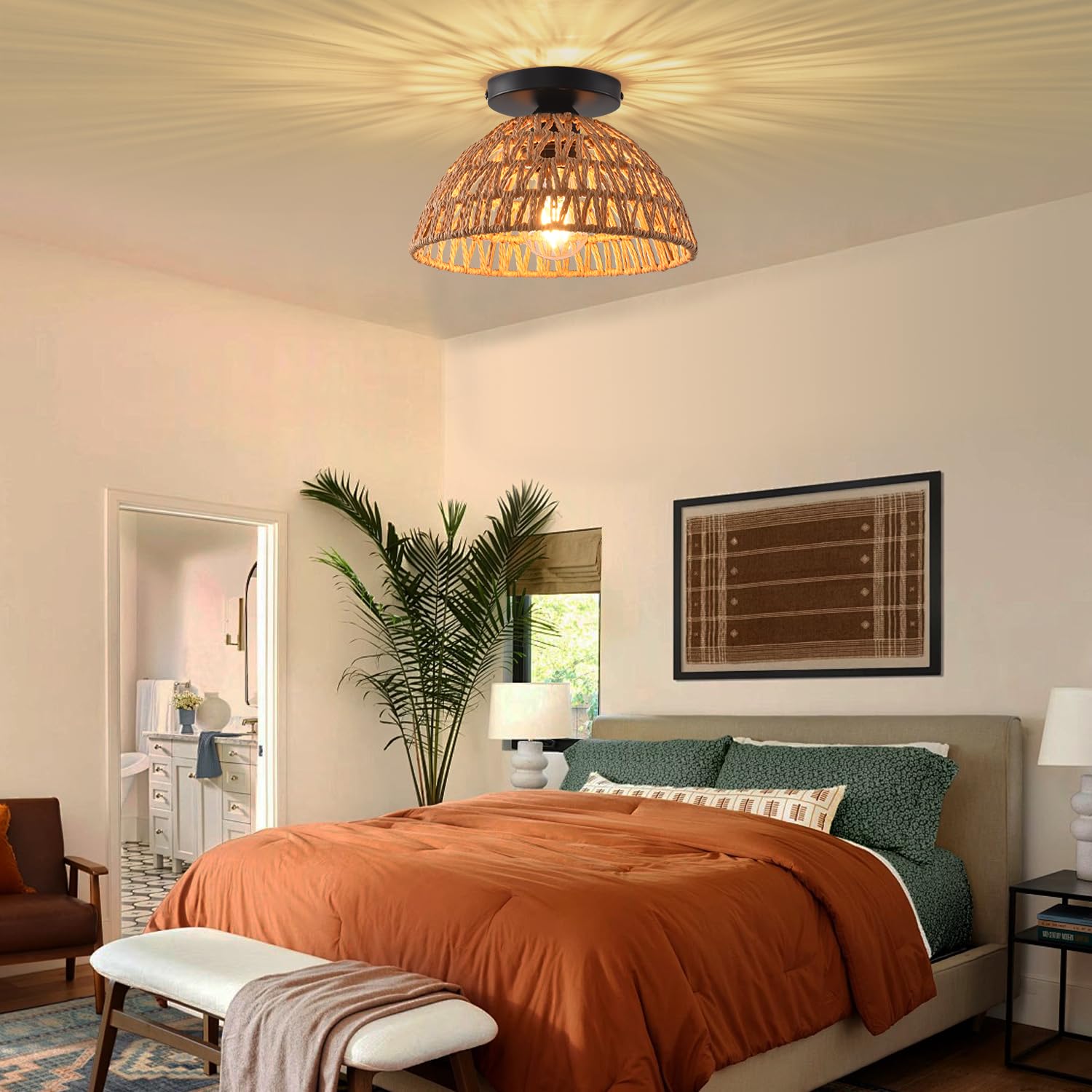 Ihengyanlt 2 Pack 10.2'' H Farmhouse Fixtures Ceiling Mount, Brown Rattan Boho Semi Flush Mount Ceiling Light,Hand Woven Hallway