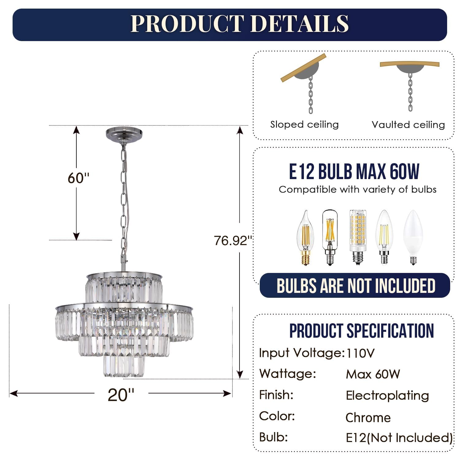 Gmlixin Chrome Crystal Chandelier Lights 20 Inch Luxurious Chandeliers Hanging Pendant Light Fixture For Dining Rooms Living Roo