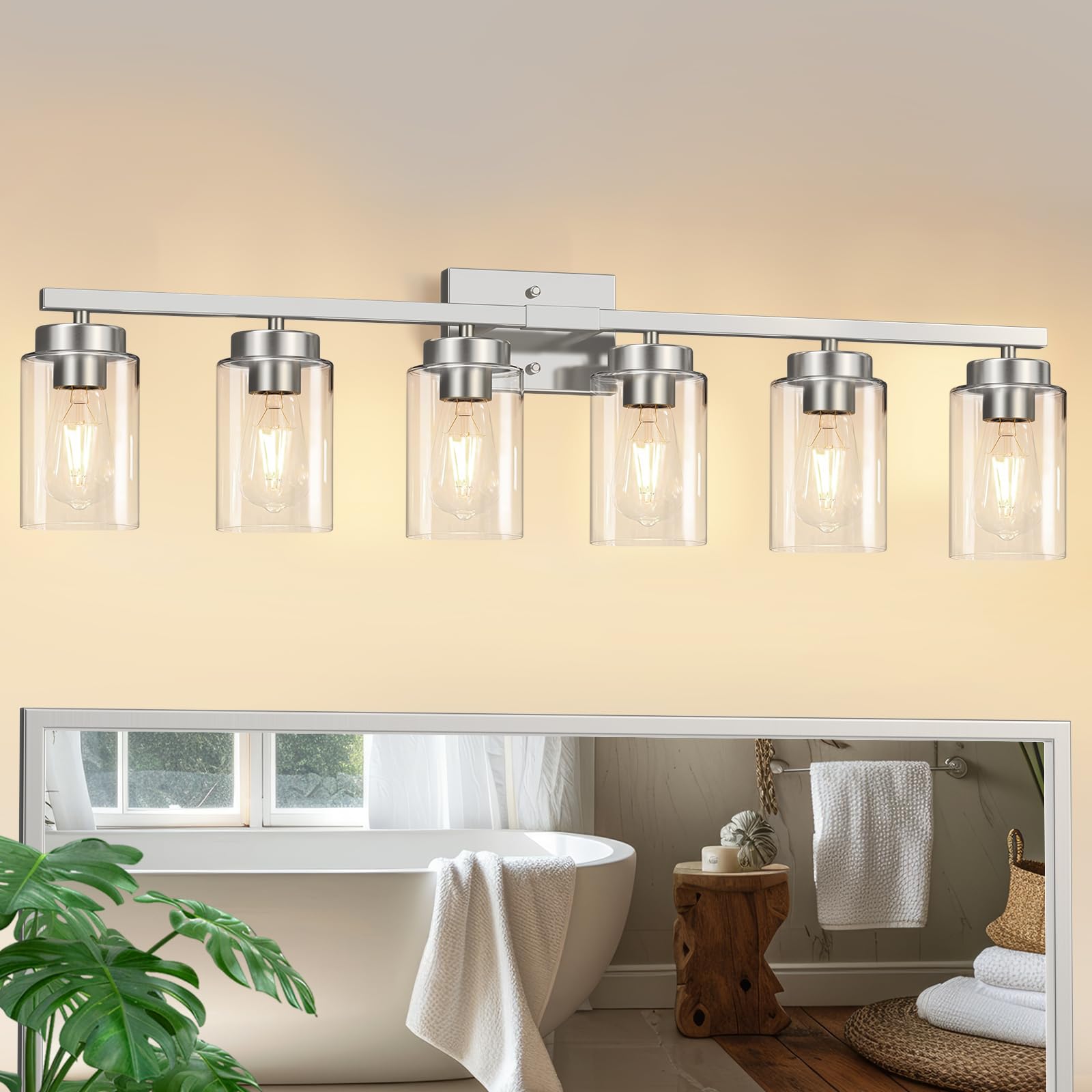 IZORRO Modern Bathroom Light Fixtures, 6 Light Brushed Nickel Vanity Lights, Bathroom Lighting Fixtures Over Mirror with Clear G