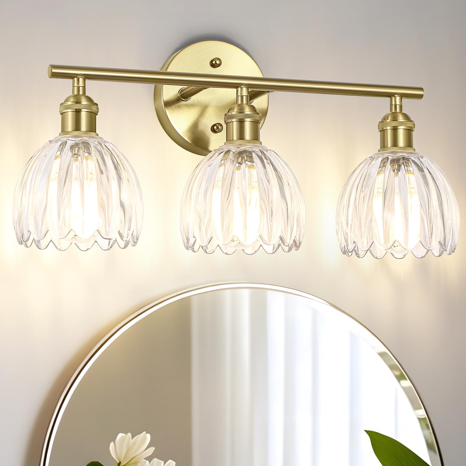 Kvhiiw Vintage Bathroom Light Fixtures,3-Light Hardwired Vanity Lights with Clear Tulip Glass Shade,Gold Bathroom Vanity Light f