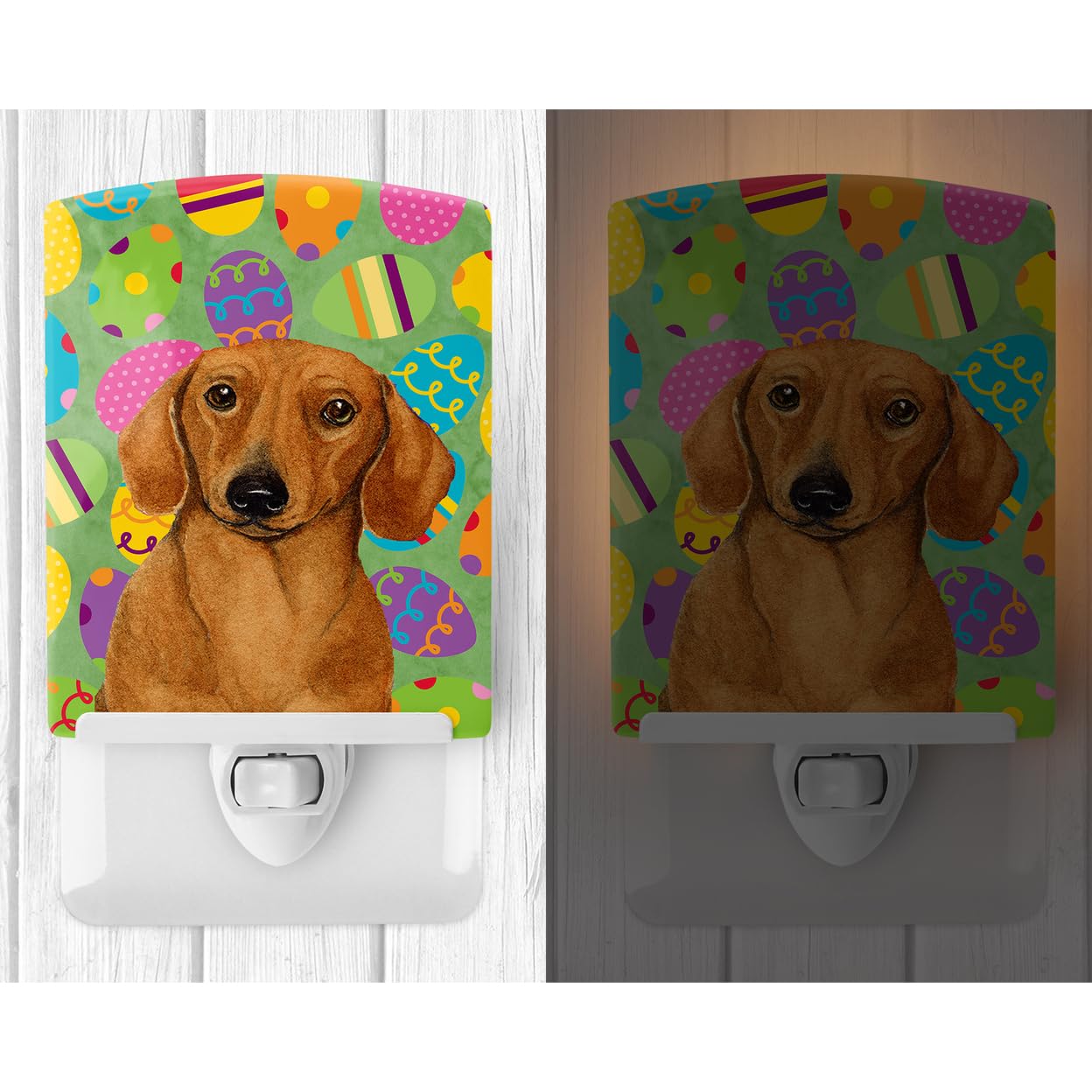 Caroline'S Treasures Lh9402Cnl Dachshund Easter Eggtravaganza Ceramic Night Light Compact, Ul-Certified, Ideal For Bedroom, Bathroom, Nursery, Hallway, Kitchen, 6X4X3, Multicolor